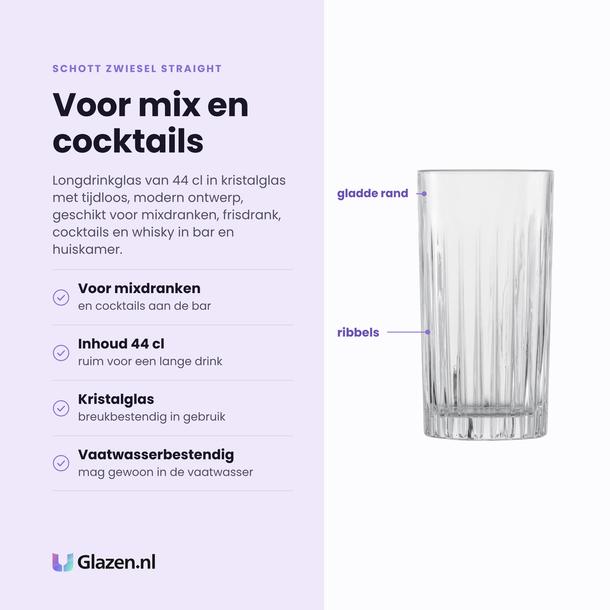 Schott Zwiesel Straight longdrinkglas 44 cl eigenschappen: voor mixdranken en cocktails, inhoud 44 cl, kristalglas breukbestendig, vaatwasserbestendig