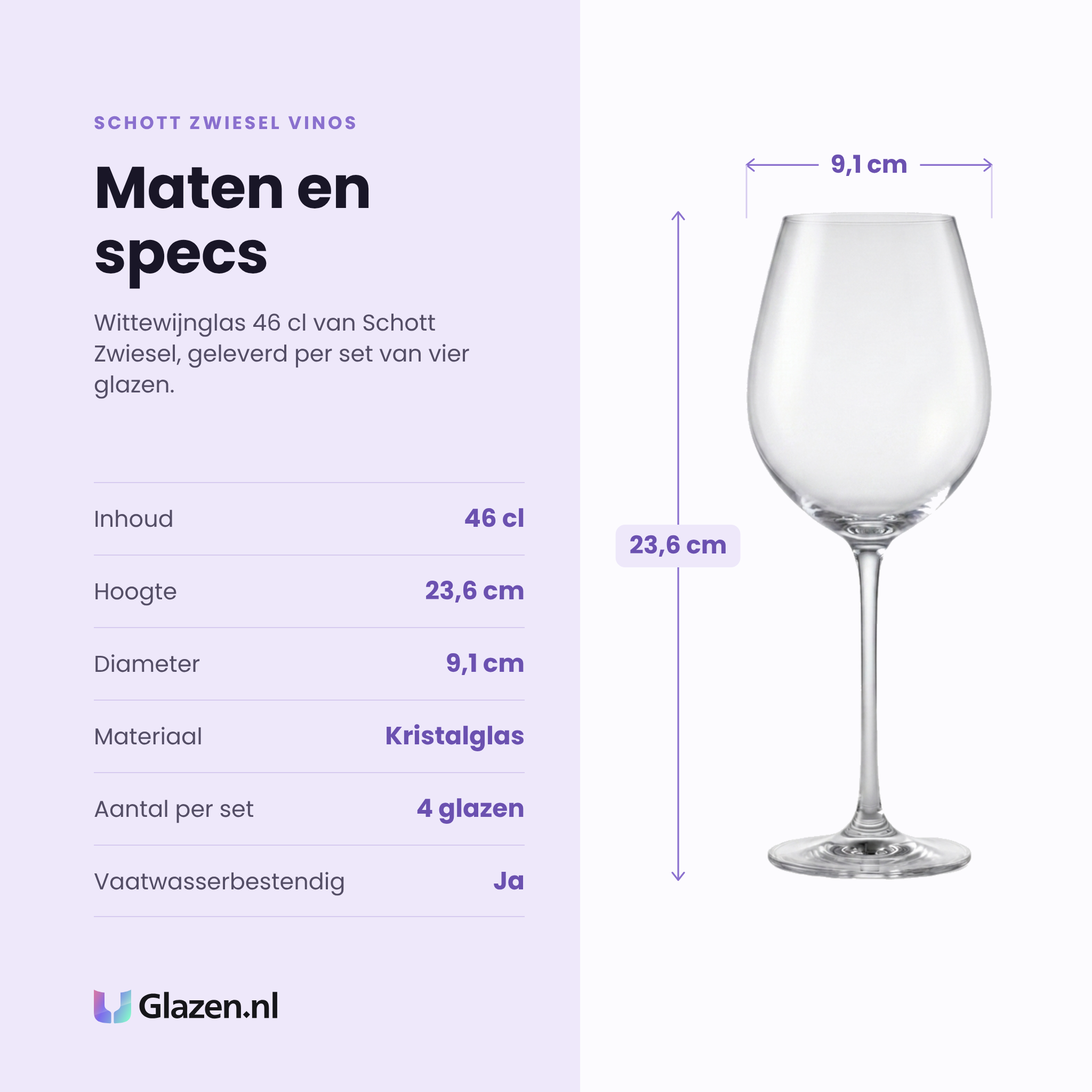 Schott Zwiesel Vinos witte wijnglas 46 cl specificaties: inhoud 46 cl, hoogte 23,6 cm, diameter 9,1 cm, kristalglas, set van 4