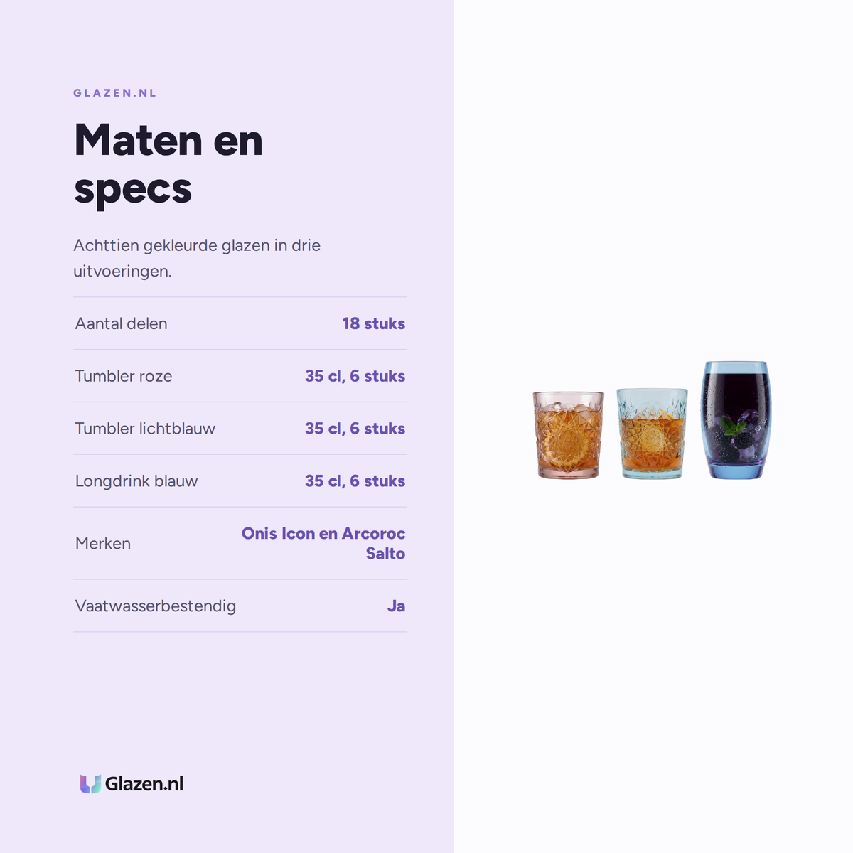 Maten en specificaties van de Terrasbox Kleur 18-Delig (Gekleurde Tumblers & Longdrinks)