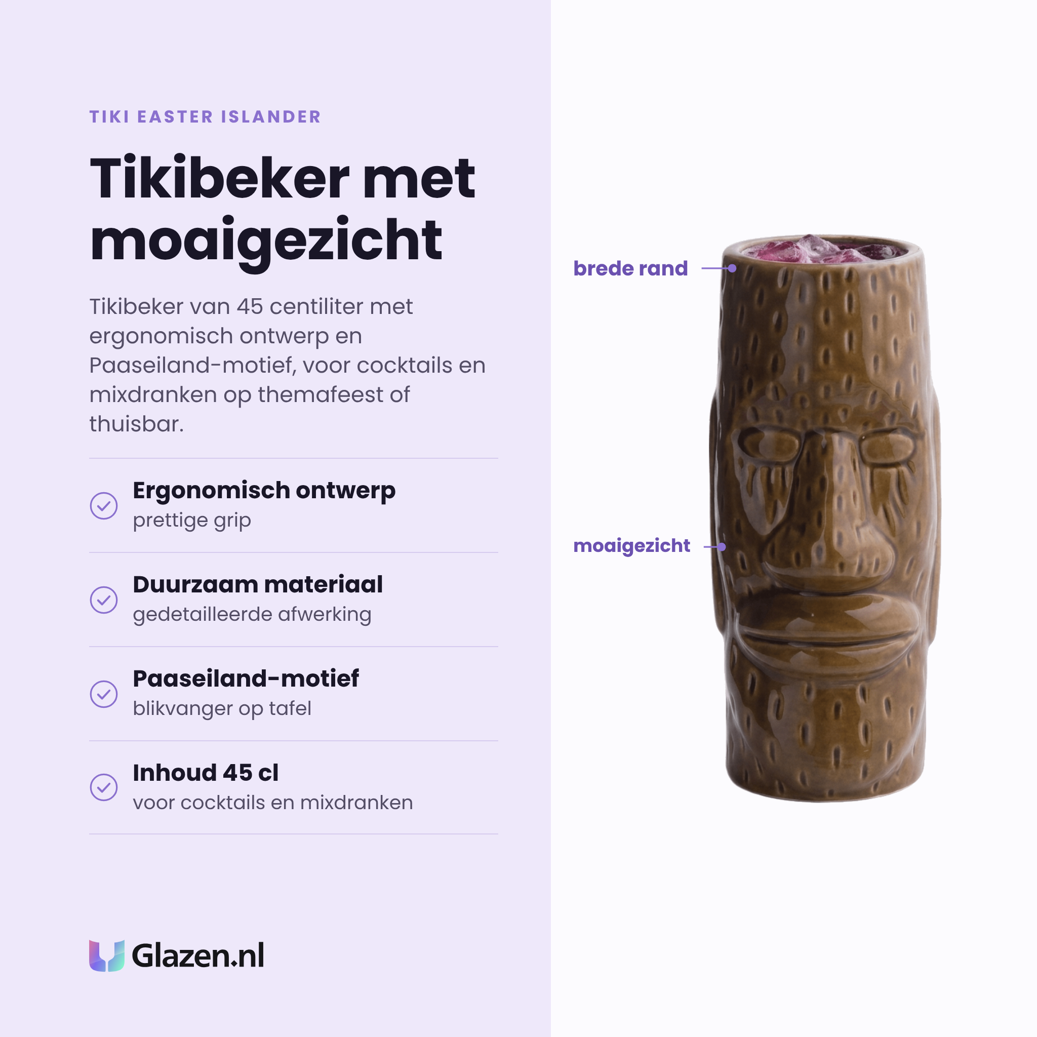 Tiki Easter Islander tikibeker 45 cl eigenschappen: ergonomisch ontwerp, duurzaam materiaal, paaseiland-motief, inhoud 45 cl