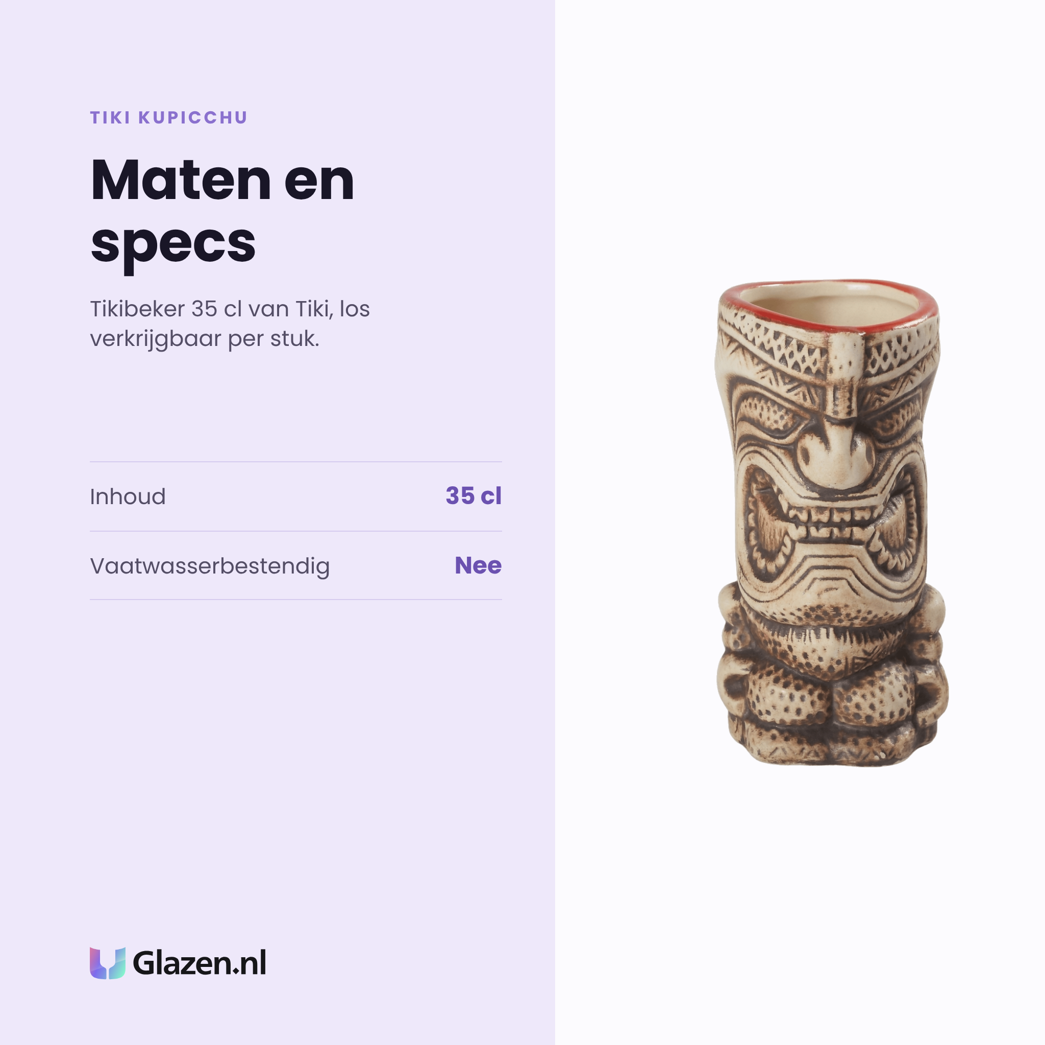 Tiki Kupicchu tikibeker 35 cl specificaties: inhoud 35 cl, niet vaatwasserbestendig, los per stuk