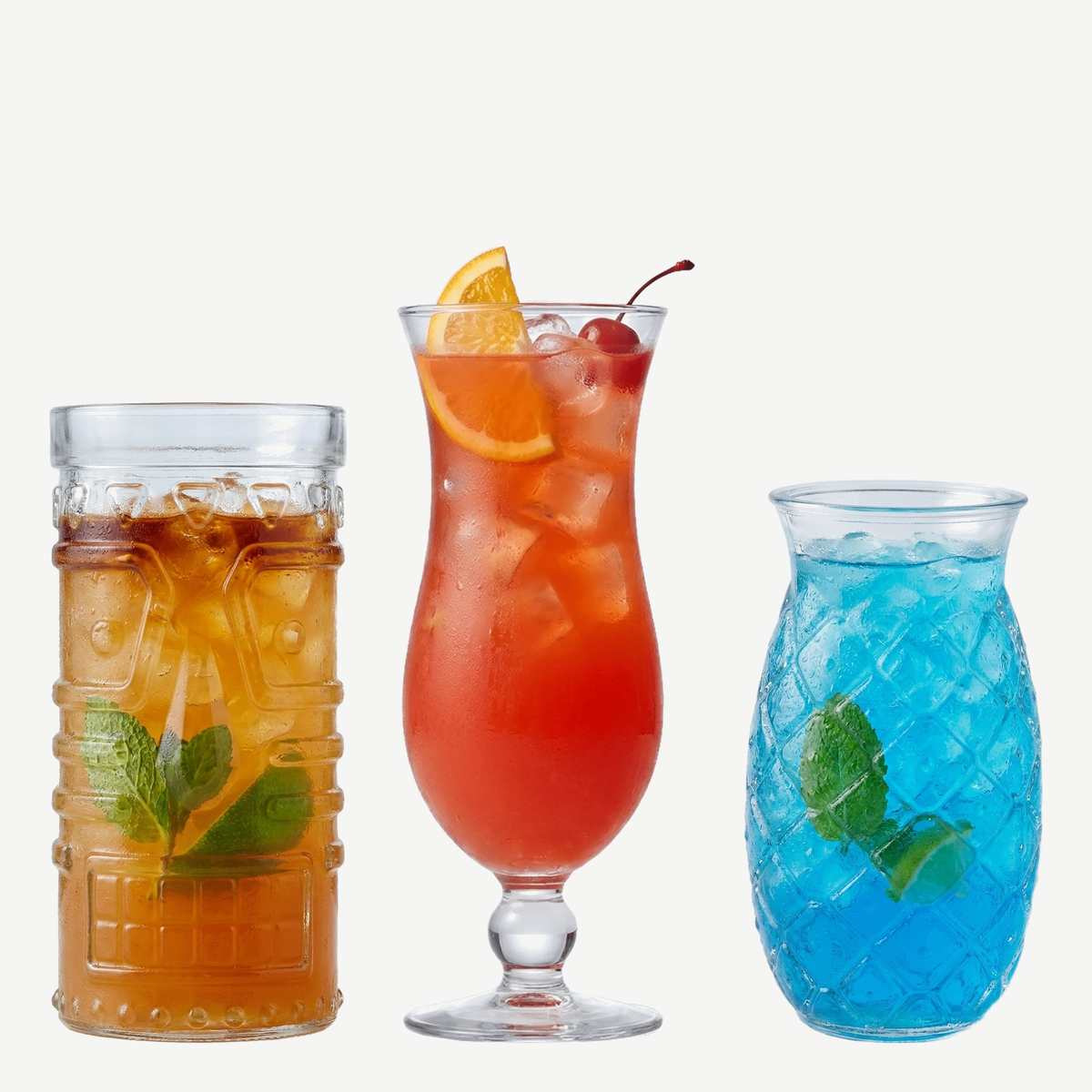 Tiki en tropisch box 12 delig met tikiglazen, hurricaneglazen en pina coladaglazen