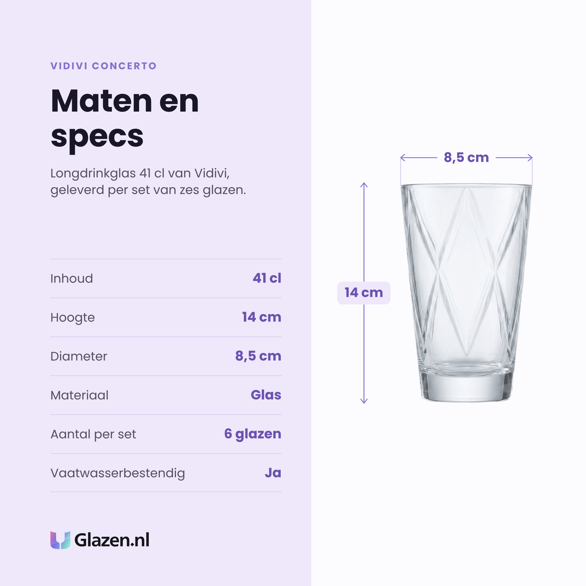 Vidivi Concerto longdrinkglas 41 cl specificaties: inhoud 41 cl, hoogte 14 cm, diameter 8,5 cm, glas, set van 6
