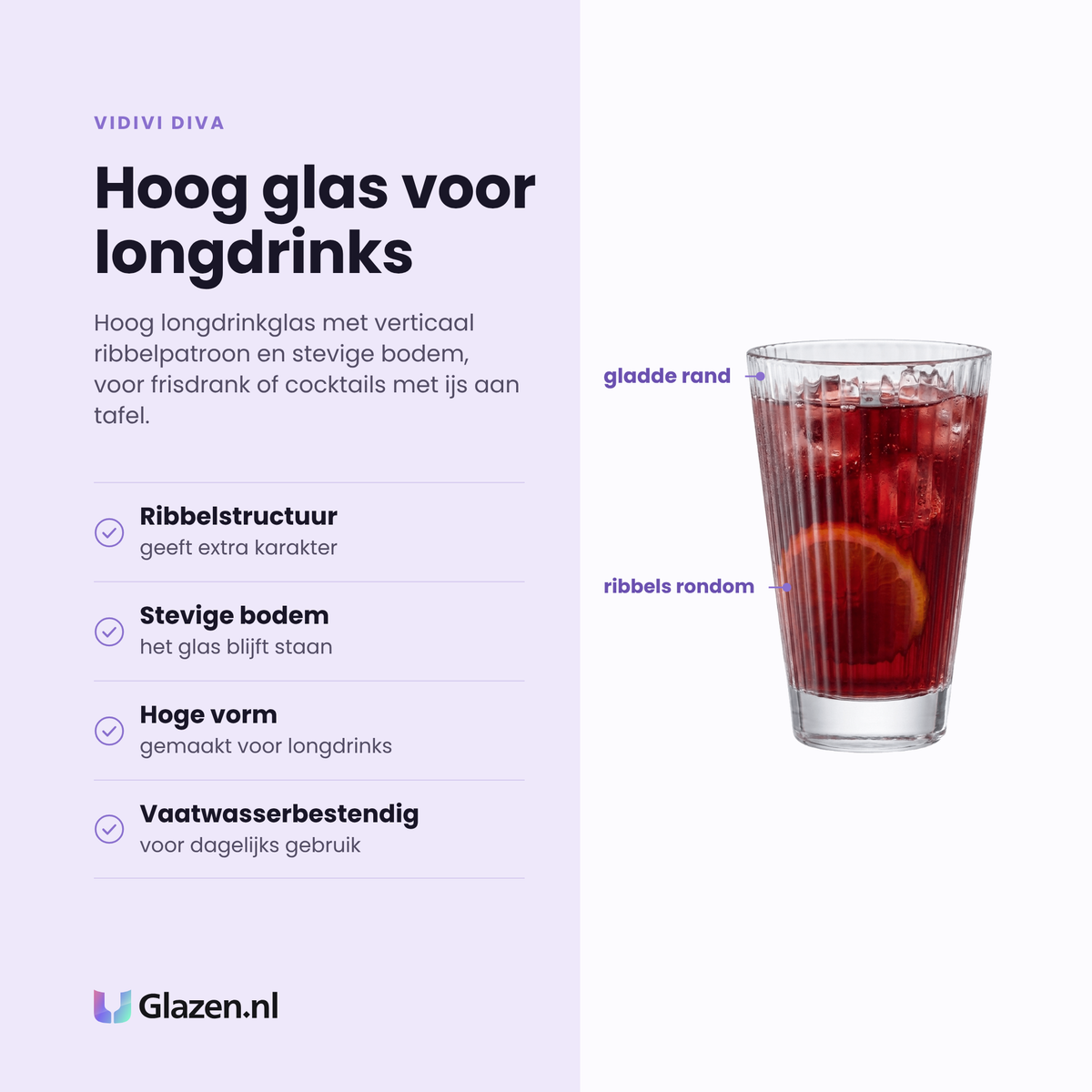 Vidivi Diva longdrinkglas 29 cl eigenschappen: ribbelstructuur, stevige bodem, hoge vorm, vaatwasserbestendig