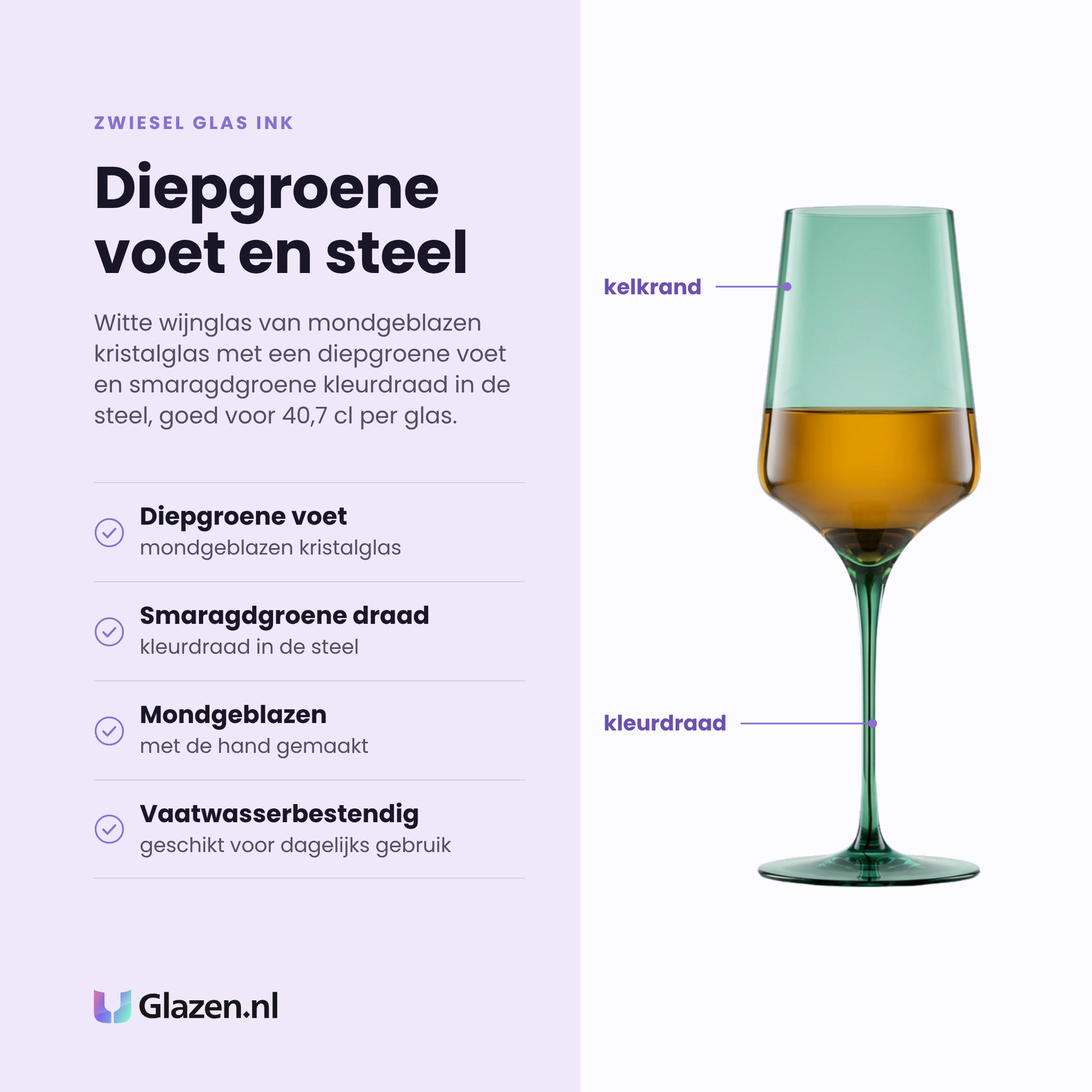 Zwiesel Glas Ink witte wijnglas 40,7 cl eigenschappen: diepgroene voet, smaragdgroene kleurdraad in de steel, mondgeblazen kristalglas, vaatwasserbestendig