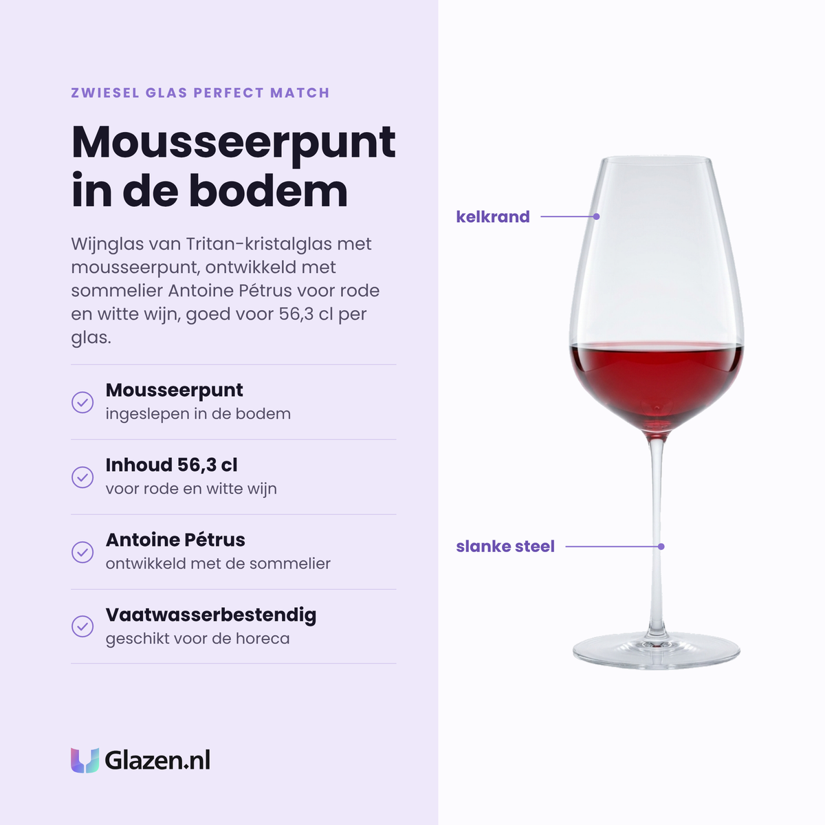 Zwiesel Glas Perfect Match wijnglas 56,3 cl eigenschappen: mousseerpunt in de bodem, voor rode en witte wijn, ontwikkeld met sommelier antoine pétrus, vaatwasserbestendig