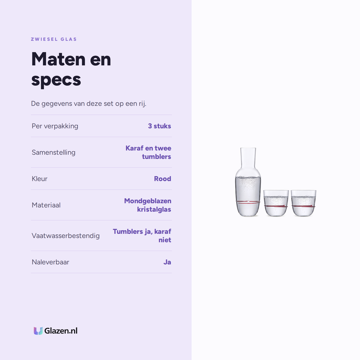 Maten en specificaties van de Zwiesel Glas Aura set met karaf en twee rode tumblers