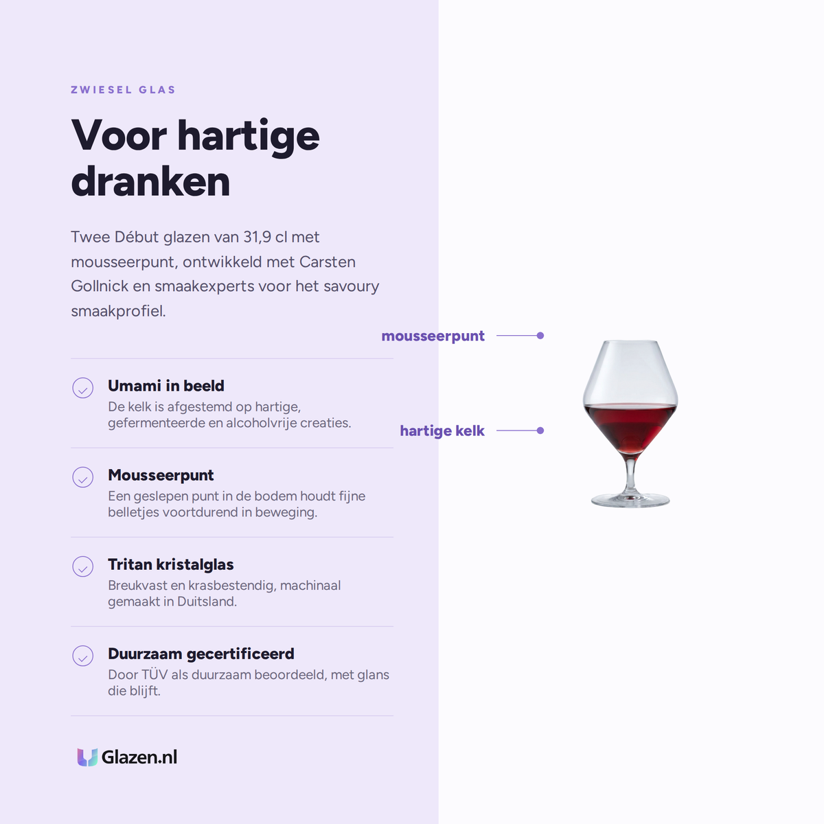 Eigenschappen van de Zwiesel Glas Début Savoury Umami Glas 31,9 Cl met Mousseerpunt - 2 Stuks