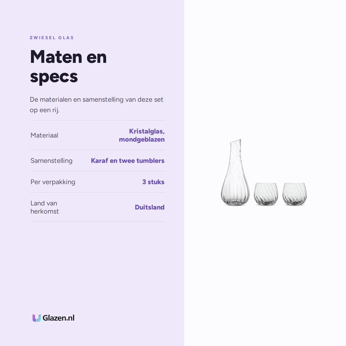 Zwiesel Glas Manoa Set Karaf met 2 Tumblers - 3 Stuks specificaties