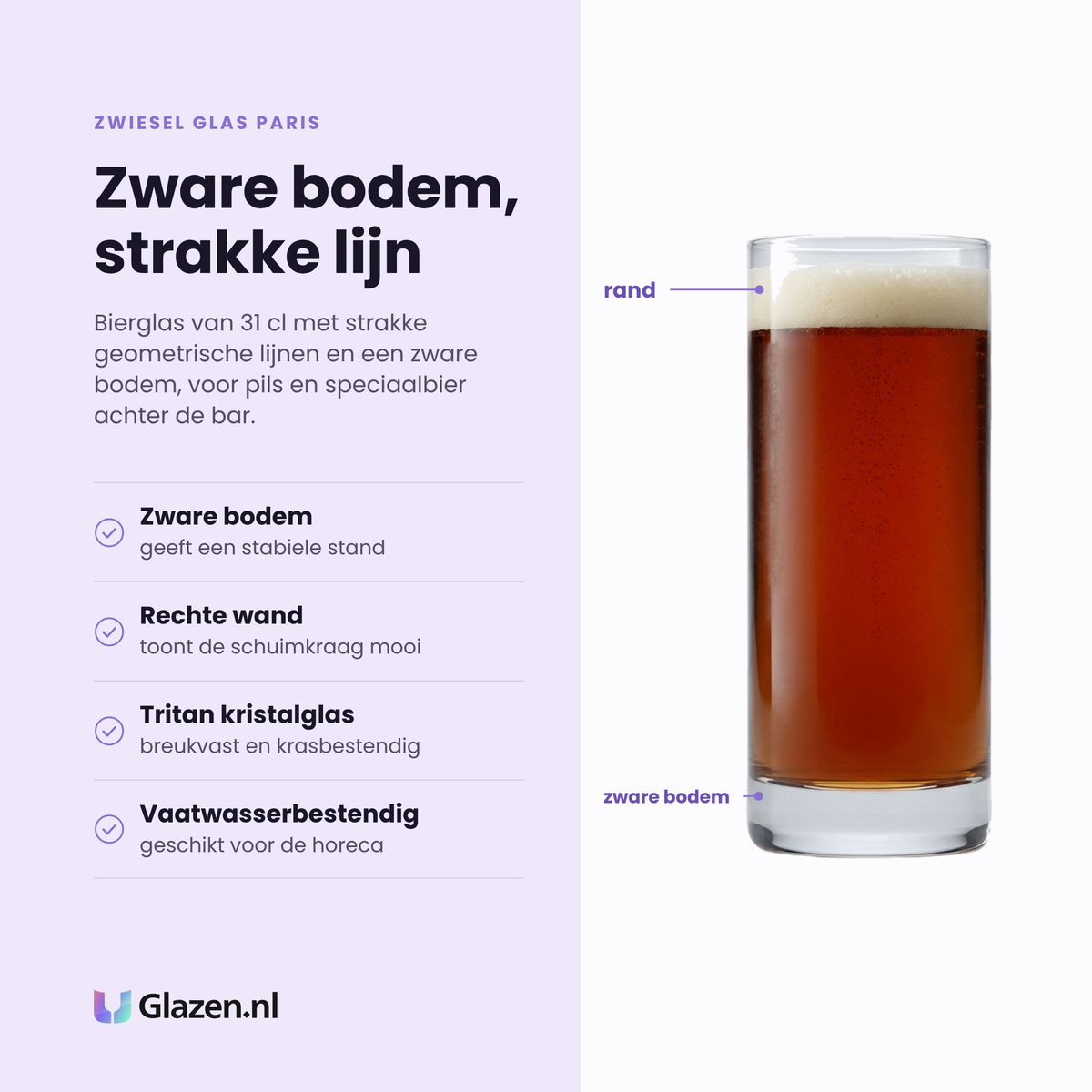 Zwiesel Glas Paris bierglas 31 cl eigenschappen: tritan kristalglas, zware bodem, rechte wand, vaatwasserbestendig