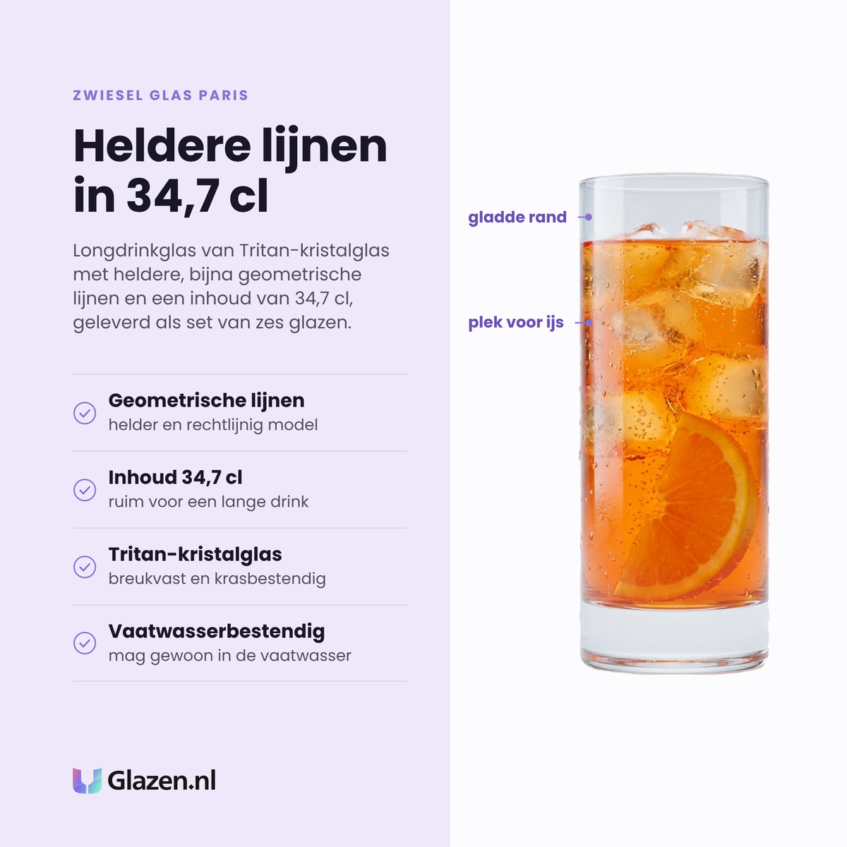 Zwiesel Glas Paris longdrinkglas 34,7 cl eigenschappen: heldere geometrische lijnen, tritan-kristalglas, breukvast en krasbestendig, vaatwasserbestendig