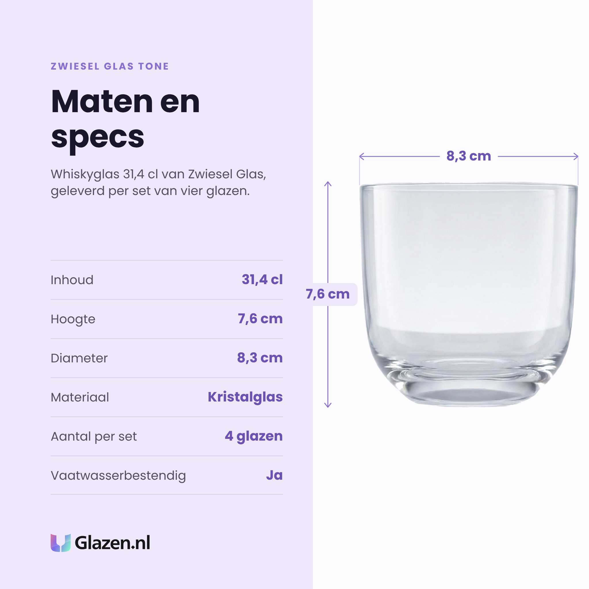 Zwiesel Glas Tone whiskyglas 31,4 cl specificaties: inhoud 31,4 cl, hoogte 7,6 cm, diameter 8,3 cm, kristalglas, set van 4