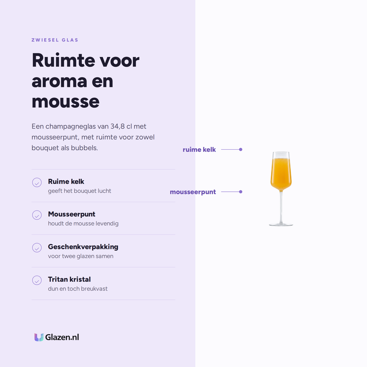 Eigenschappen van Zwiesel Glas Vervino Champagneglas 34,8 Cl met Mousseerpunt in Geschenkverpakking