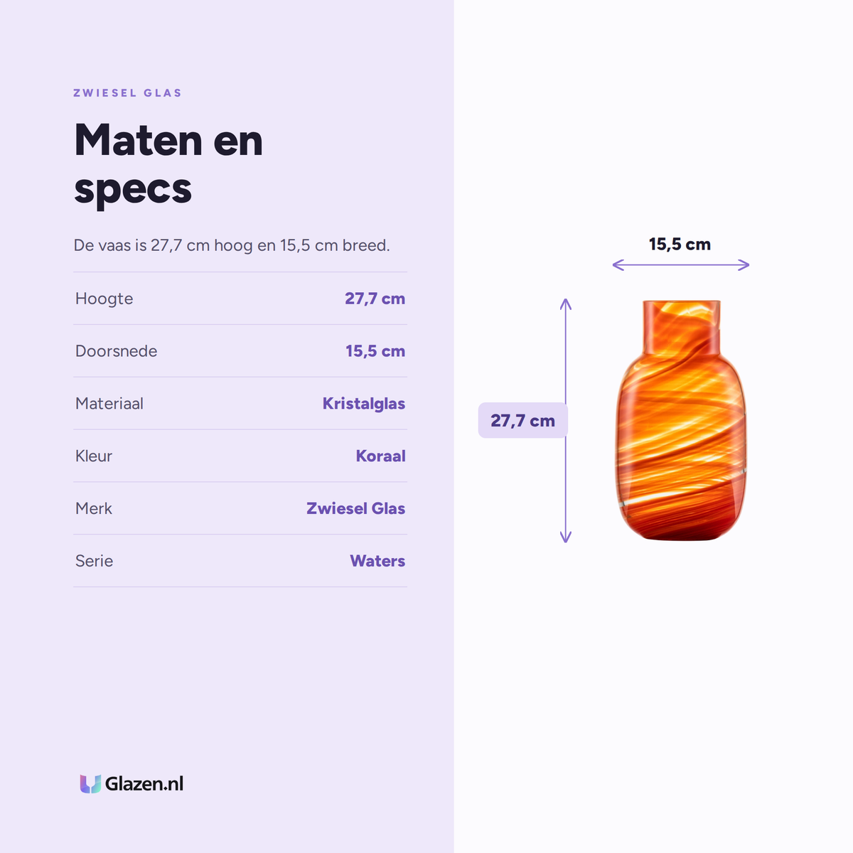 Maten en specificaties van de Zwiesel Glas Waters Vaas Groot 277 mm Koraal