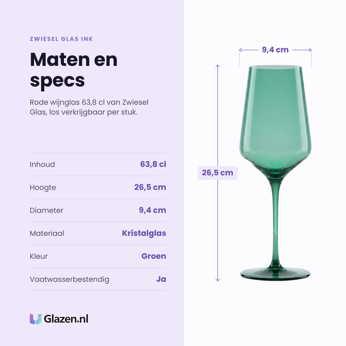 Zwiesel Glas Ink rode wijnglas 63,8 cl specificaties: inhoud 63,8 cl, hoogte 26,5 cm, diameter 9,4 cm, kristalglas, kleur groen