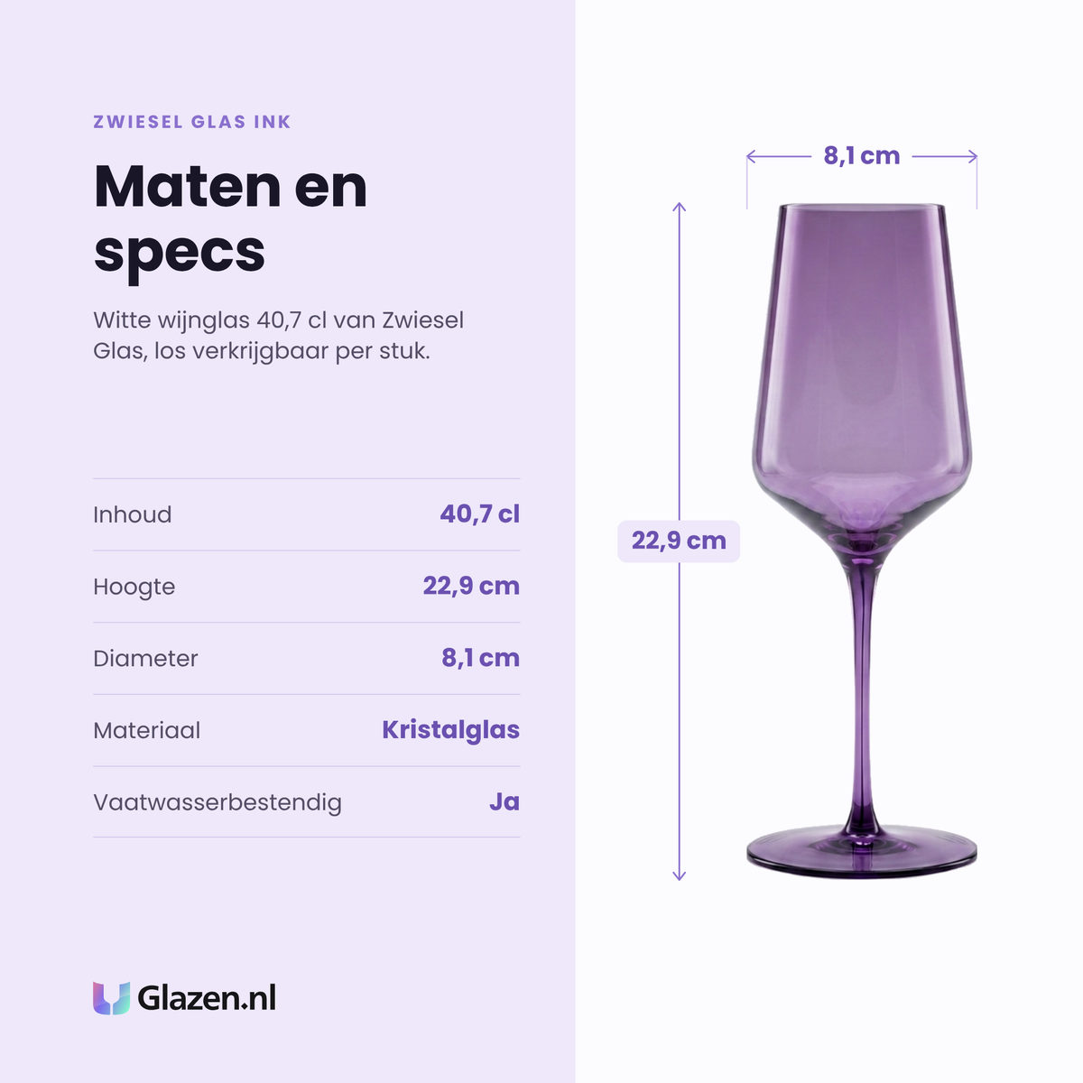 Zwiesel Glas Ink witte wijnglas 40,7 cl specificaties: inhoud 40,7 cl, hoogte 22,9 cm, diameter 8,1 cm, kristalglas, vaatwasserbestendig ja