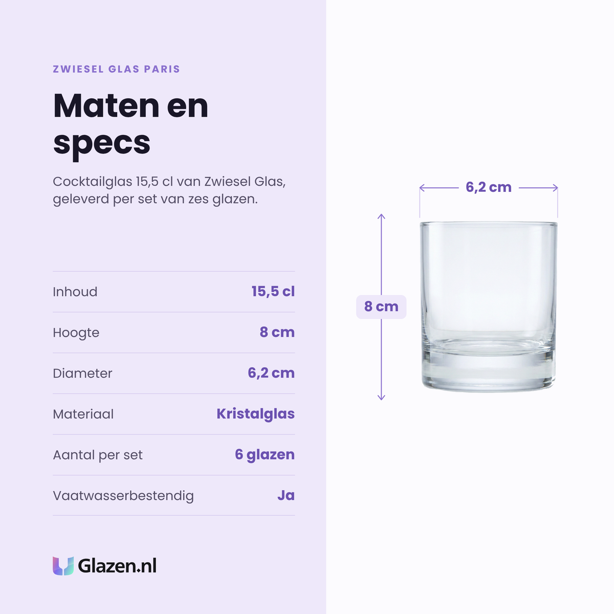 Zwiesel Glas Paris cocktailglas 15,5 cl specificaties: inhoud 15,5 cl, hoogte 8 cm, diameter 6,2 cm, kristalglas, set van 6