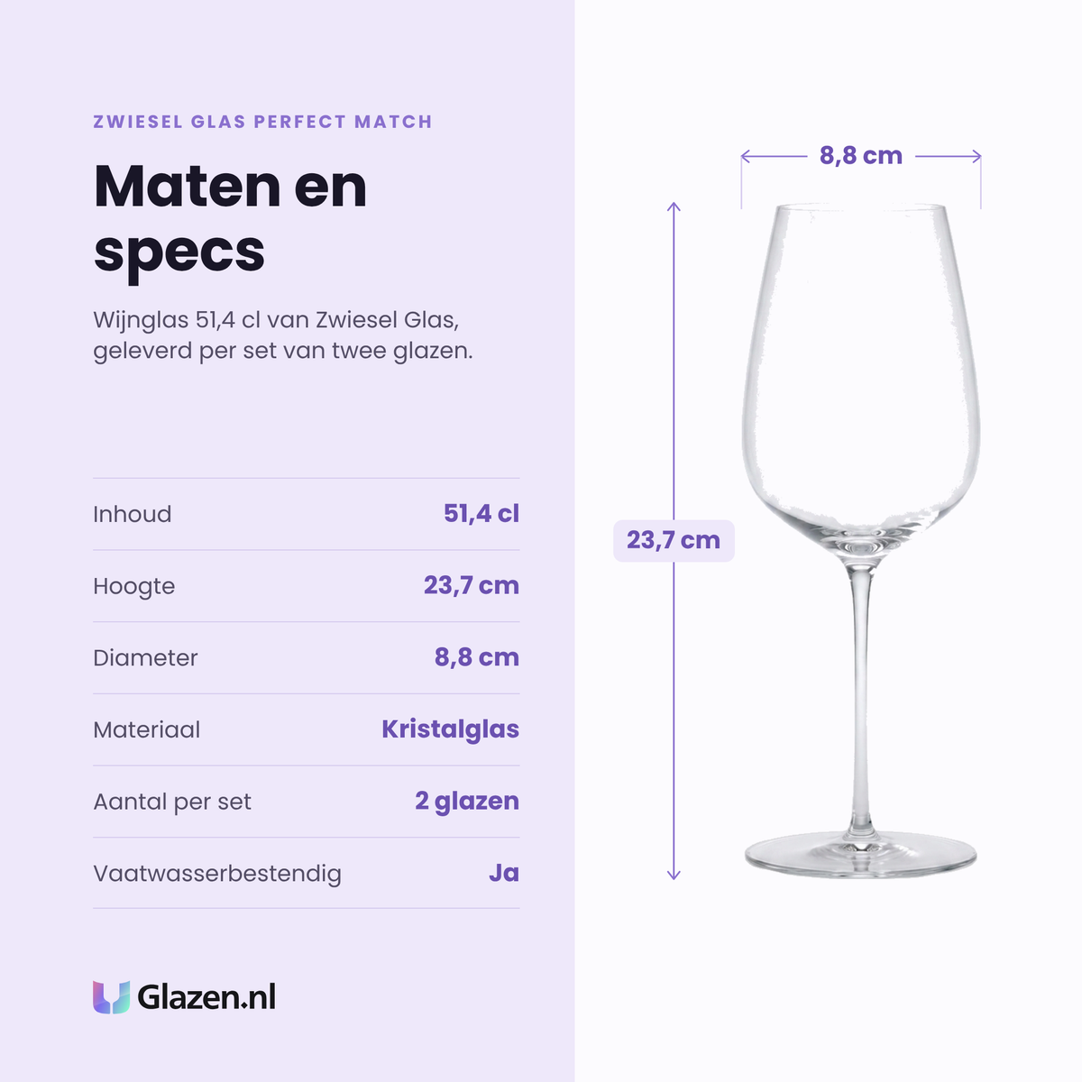 Zwiesel Glas Perfect Match wijnglas 51,4 cl specificaties: inhoud 51,4 cl, hoogte 23,7 cm, diameter 8,8 cm, kristalglas, set van 2