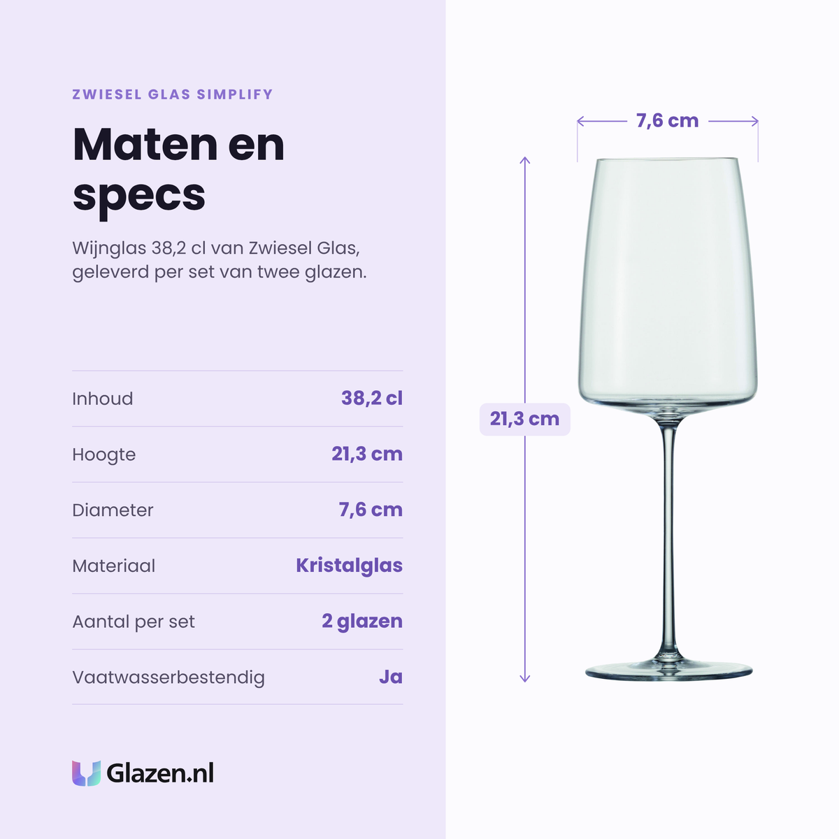 Zwiesel Glas Simplify wijnglas 38,2 cl specificaties: inhoud 38,2 cl, hoogte 21,3 cm, diameter 7,6 cm, kristalglas, set van 2