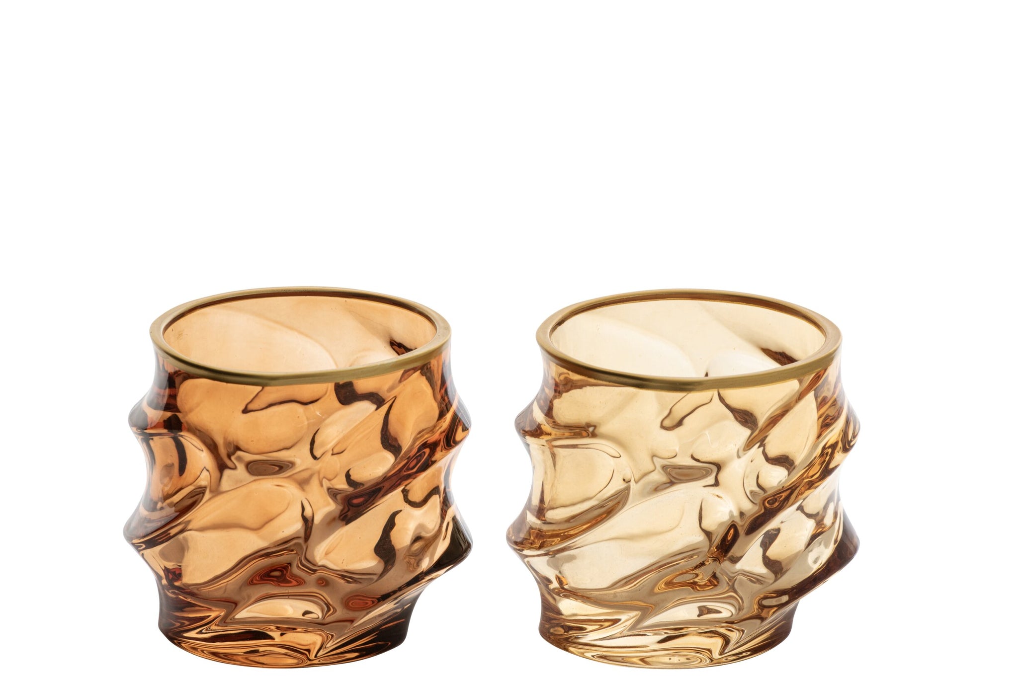 J-Line Waterglas Reliëf Gouden Rand Okergeel/Brons Assorti - 2 Stuks