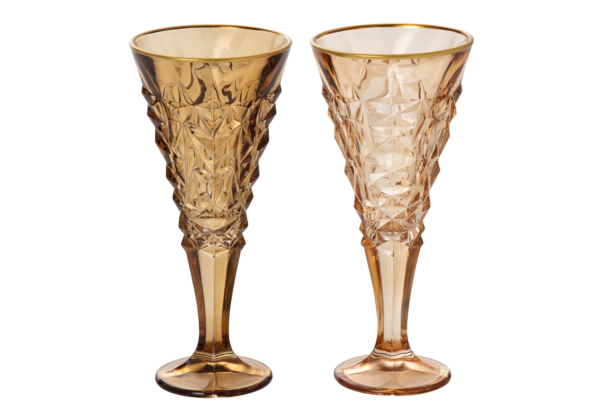 J-Line Champagneglas Reliëf Gouden Rand Groot Okergeel/Brons Assorti - 2 Stuks