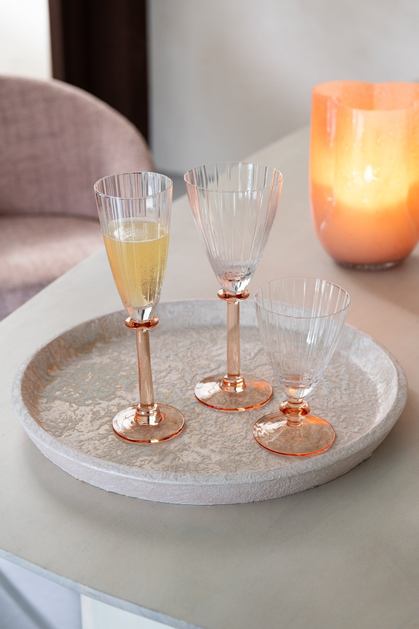 J-Line Waterglas Gestreept Transparant/Zalmroze
