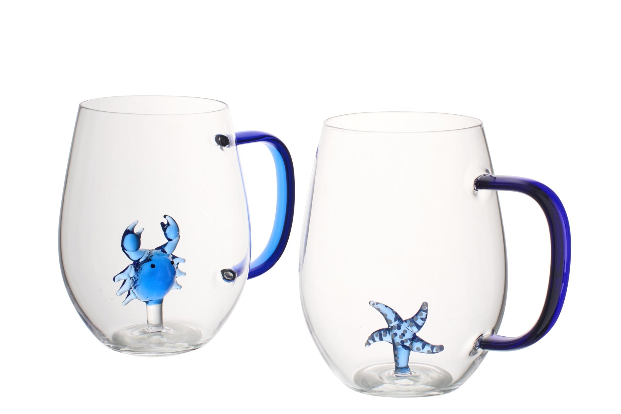 J-Line Waterglas Zeester/Krab met Oor Blauw/Transparant Assorti - 2 Stuks