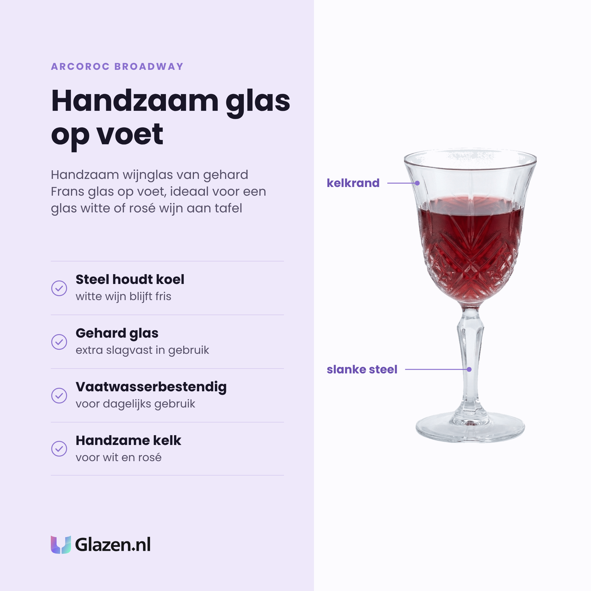 Arcoroc Broadway wijnglas 25 cl eigenschappen: steel houdt de wijn koel, gehard glas, vaatwasserbestendig, handzame kelk voor wit en rosé