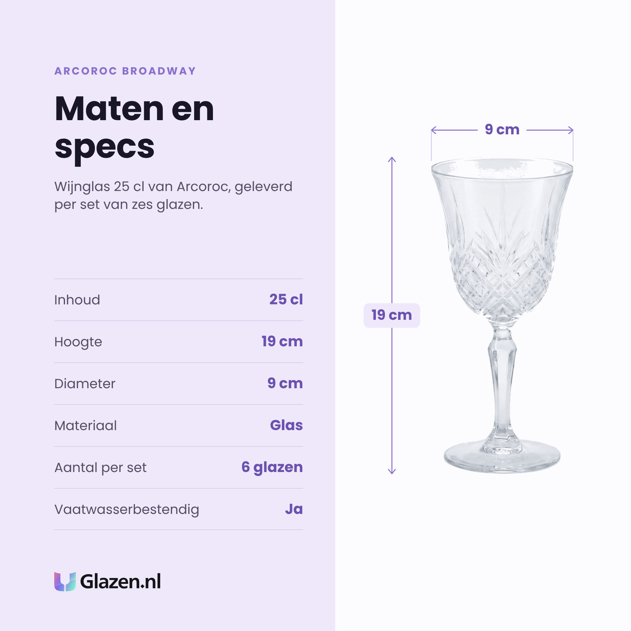 Arcoroc Broadway wijnglas 25 cl specificaties: inhoud 25 cl, hoogte 19 cm, diameter 9 cm, glas, set van 6