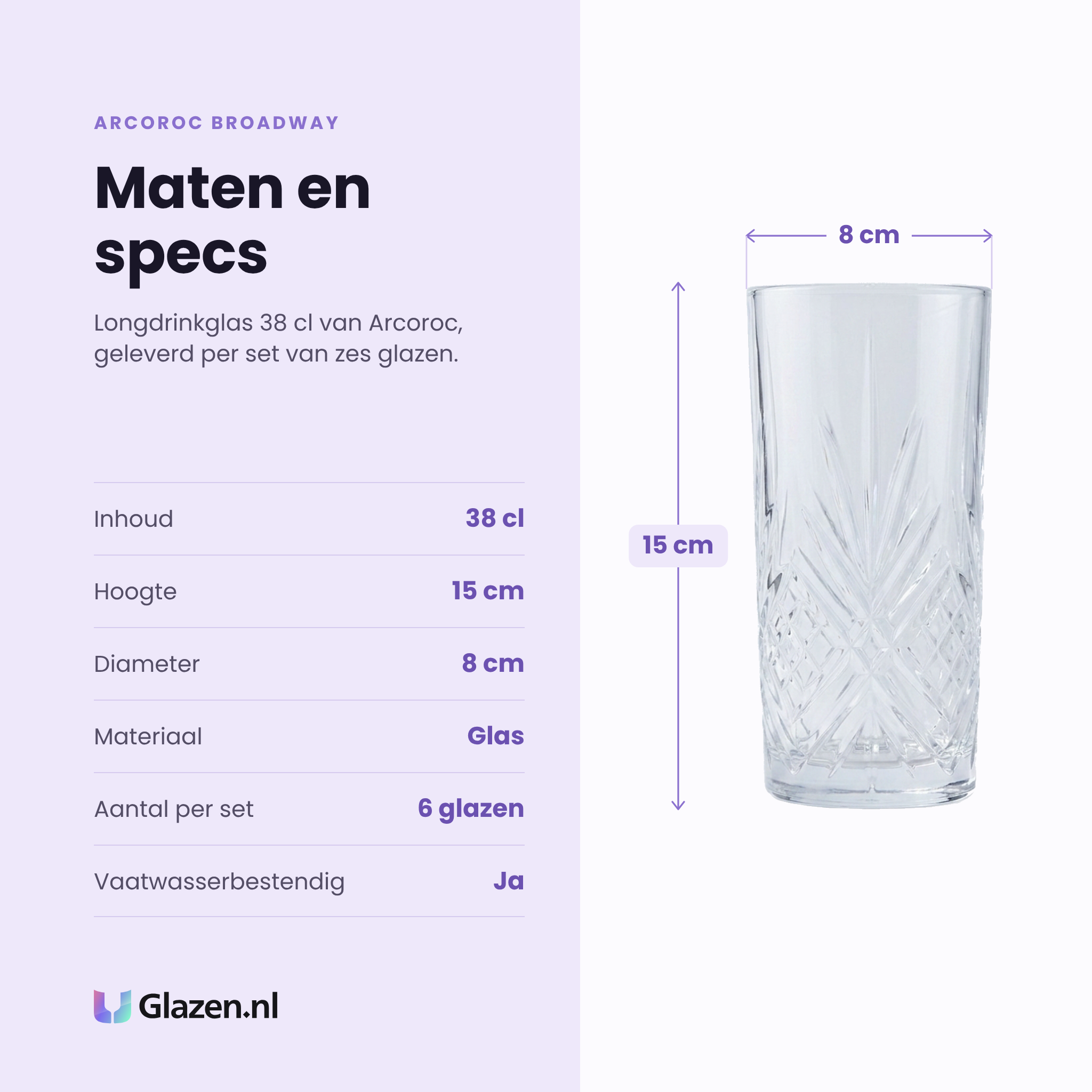 Arcoroc Broadway longdrinkglas 38 cl specificaties: inhoud 38 cl, hoogte 15 cm, diameter 8 cm, glas, set van 6