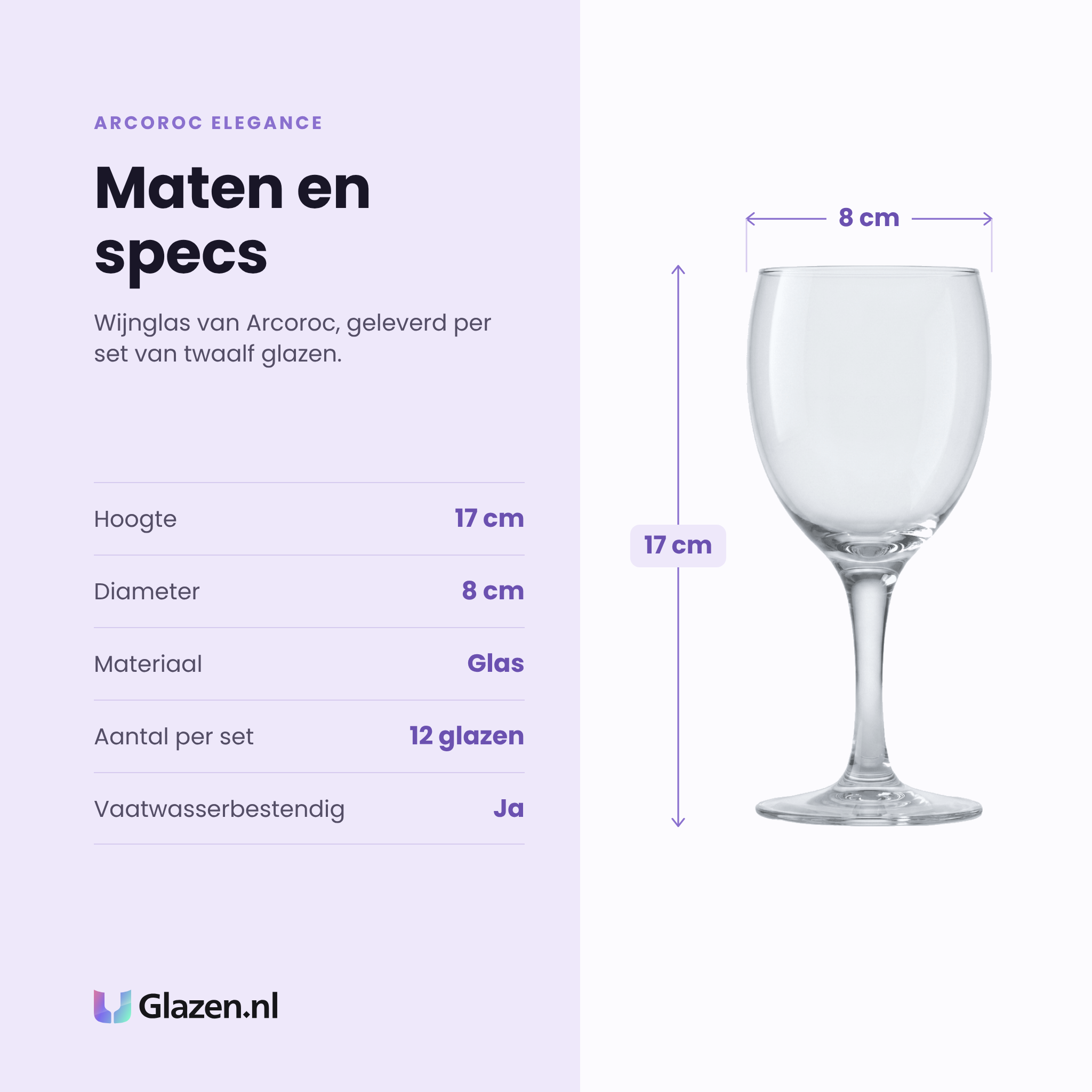 Arcoroc Elegance wijnglas specificaties: hoogte 17 cm, diameter 8 cm, glas, set van 12