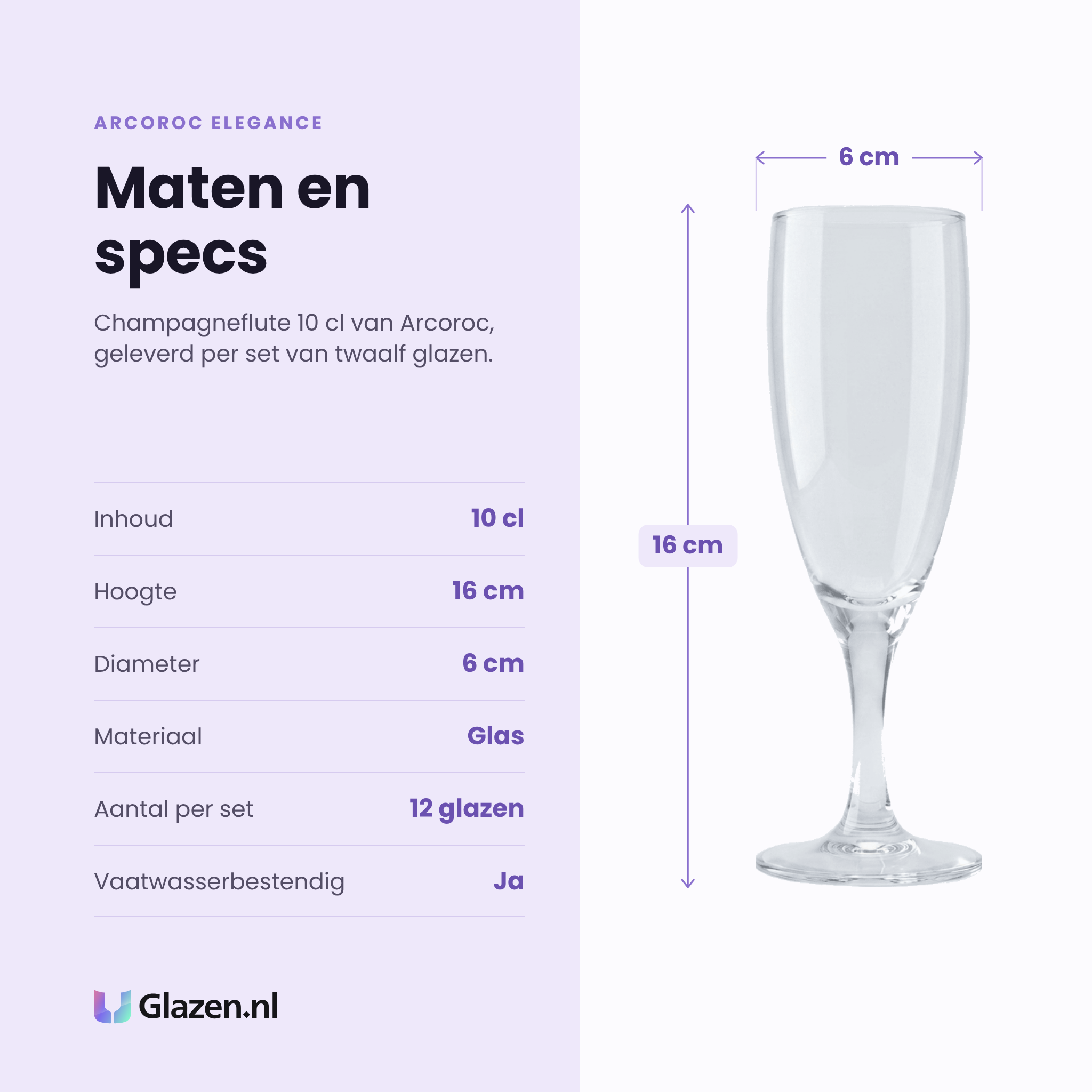 Arcoroc Elegance champagneflute 10 cl specificaties: inhoud 10 cl, hoogte 16 cm, diameter 6 cm, glas, set van 12
