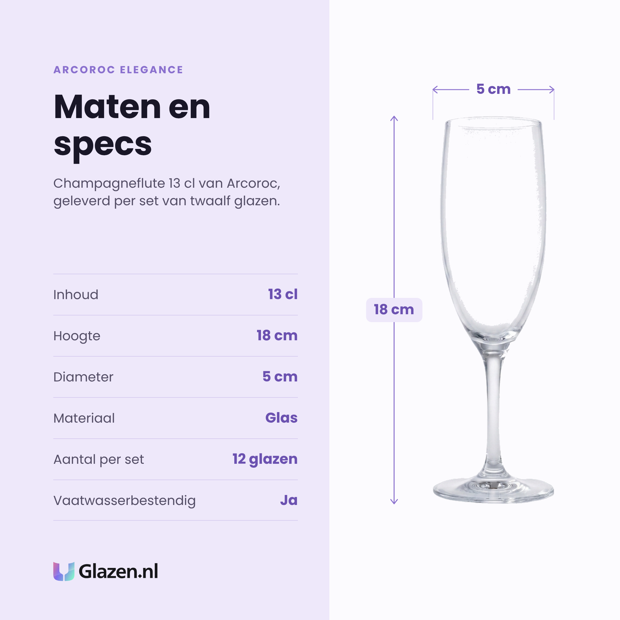 Arcoroc Elegance champagneflute 13 cl specificaties: inhoud 13 cl, hoogte 18 cm, diameter 5 cm, glas, set van 12