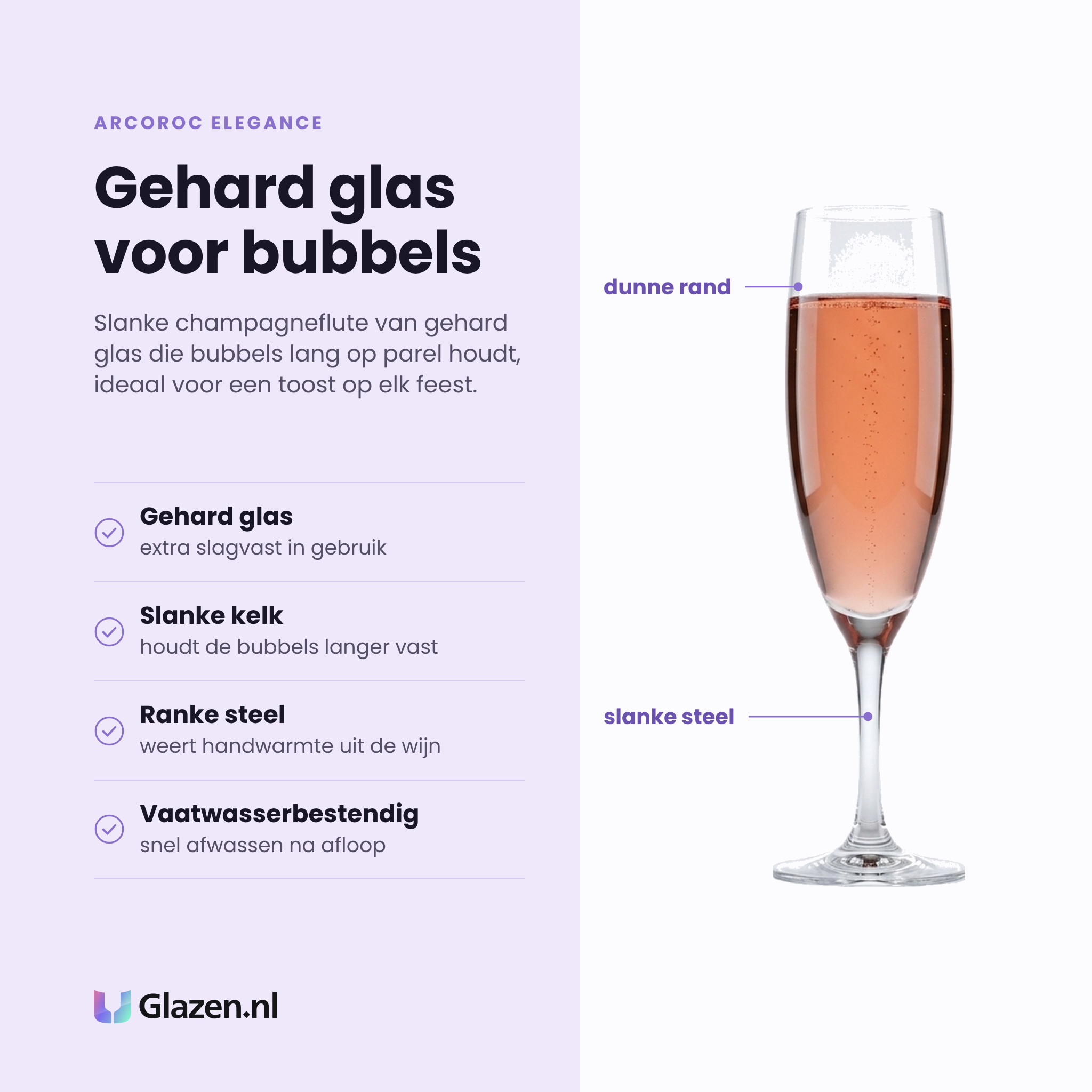 Arcoroc Elegance champagneflute 17 cl eigenschappen: gehard glas, slanke kelk, ranke steel, vaatwasserbestendig