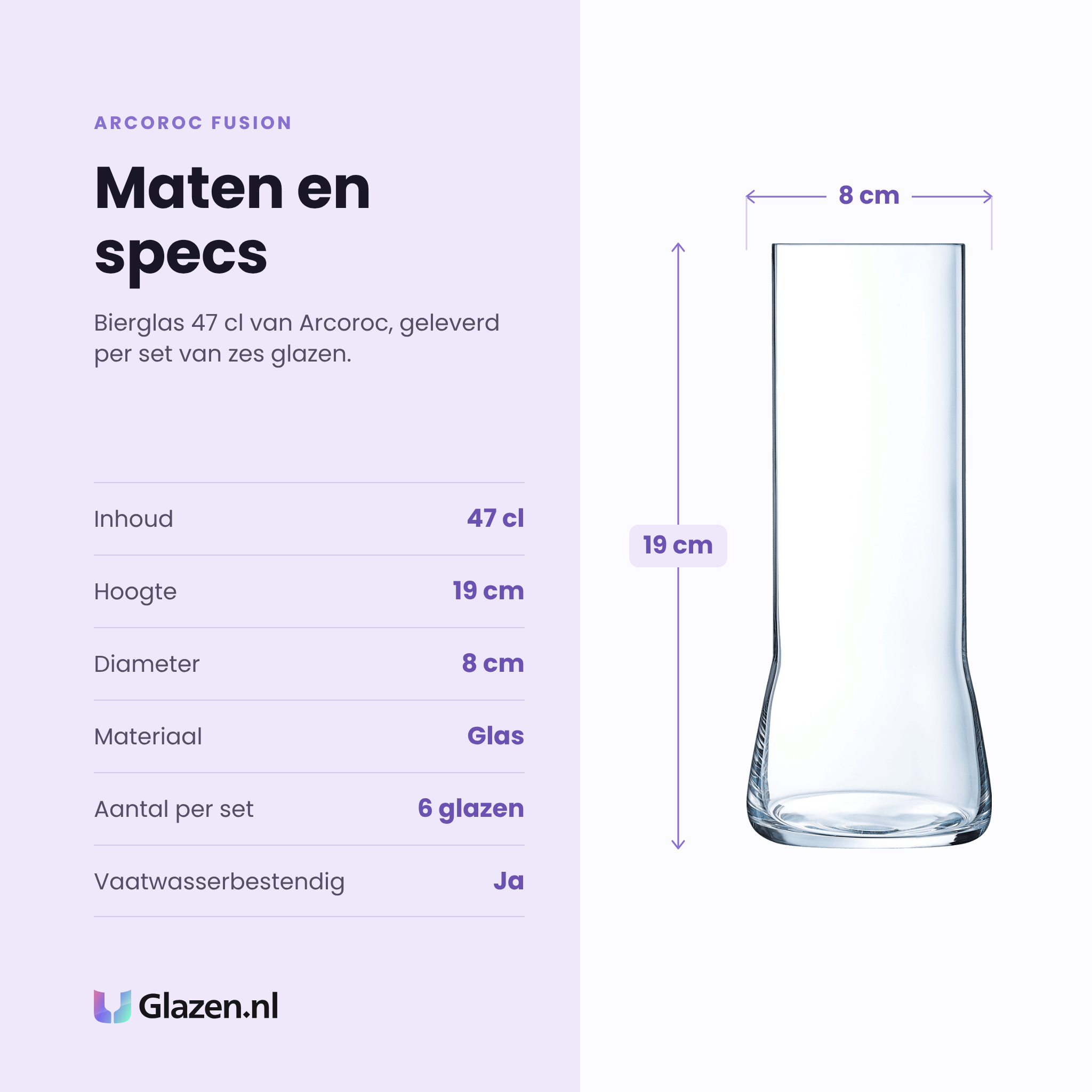 Arcoroc Fusion bierglas 47 cl specificaties: inhoud 47 cl, hoogte 19 cm, diameter 8 cm, glas, set van 6