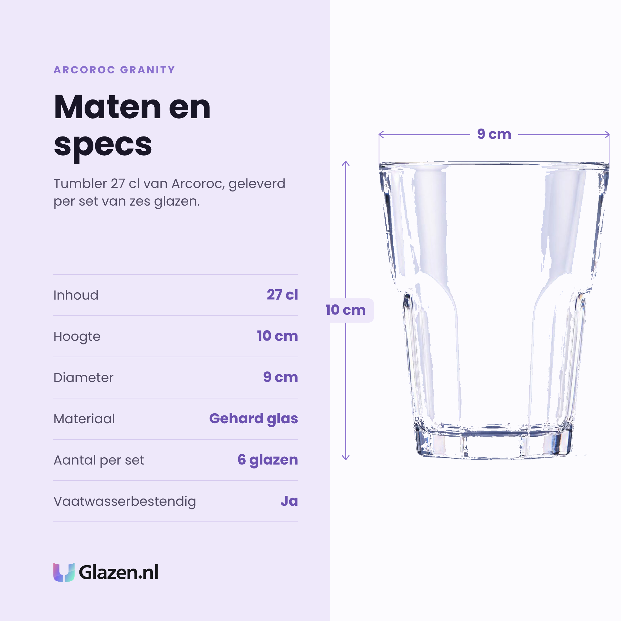 Arcoroc Granity tumbler 27 cl specificaties: inhoud 27 cl, hoogte 10 cm, diameter 9 cm, gehard glas, set van 6