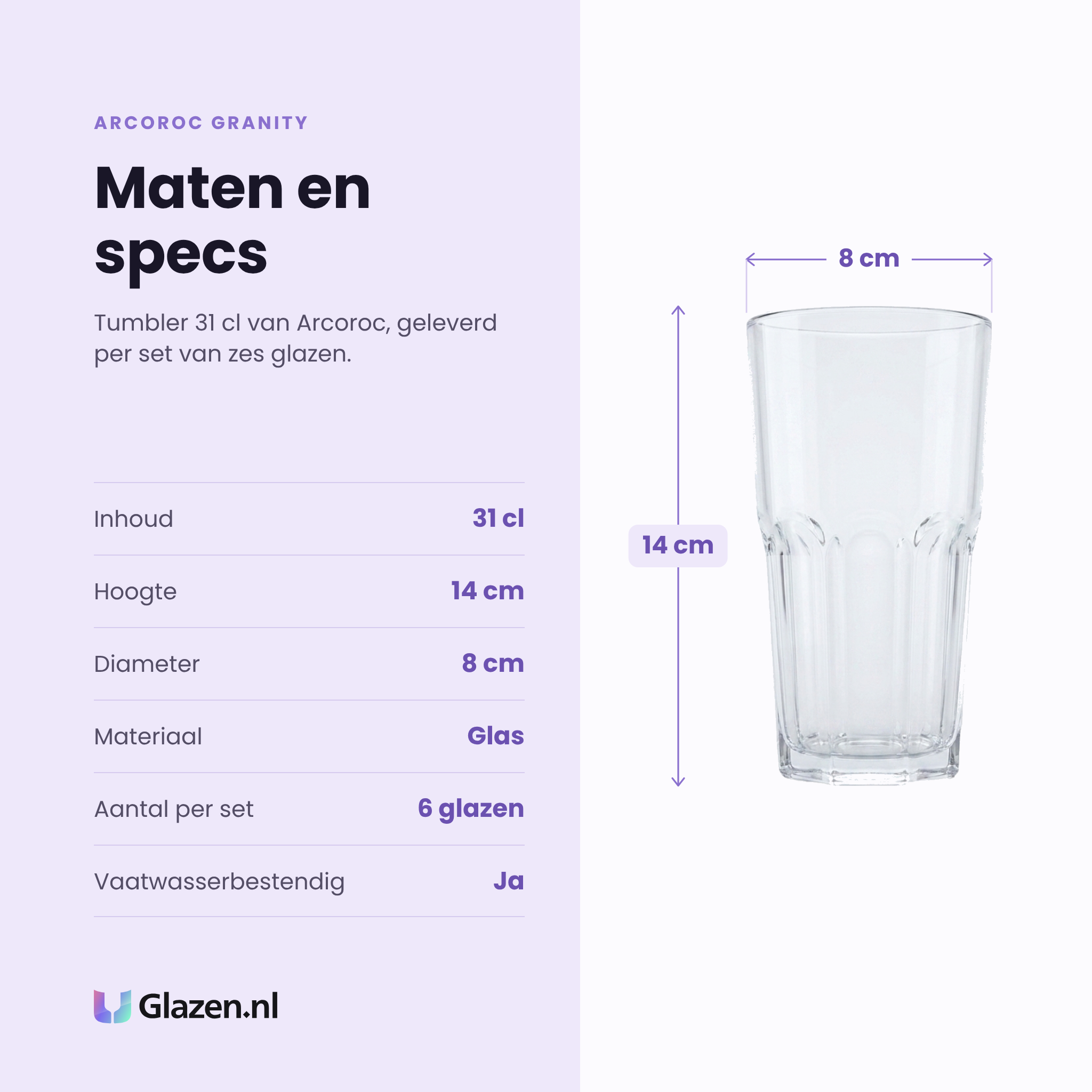 Arcoroc Granity tumbler 31 cl specificaties: inhoud 31 cl, hoogte 14 cm, diameter 8 cm, glas, set van 6