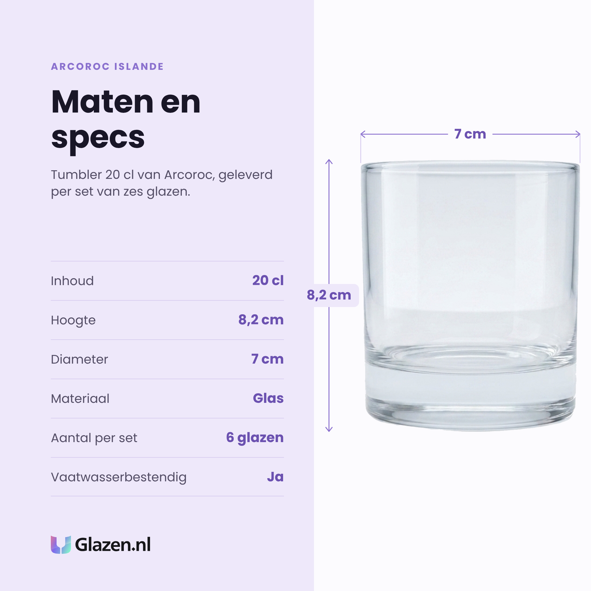 Arcoroc Islande tumbler 20 cl specificaties: inhoud 20 cl, hoogte 8,2 cm, diameter 7 cm, glas, set van 6