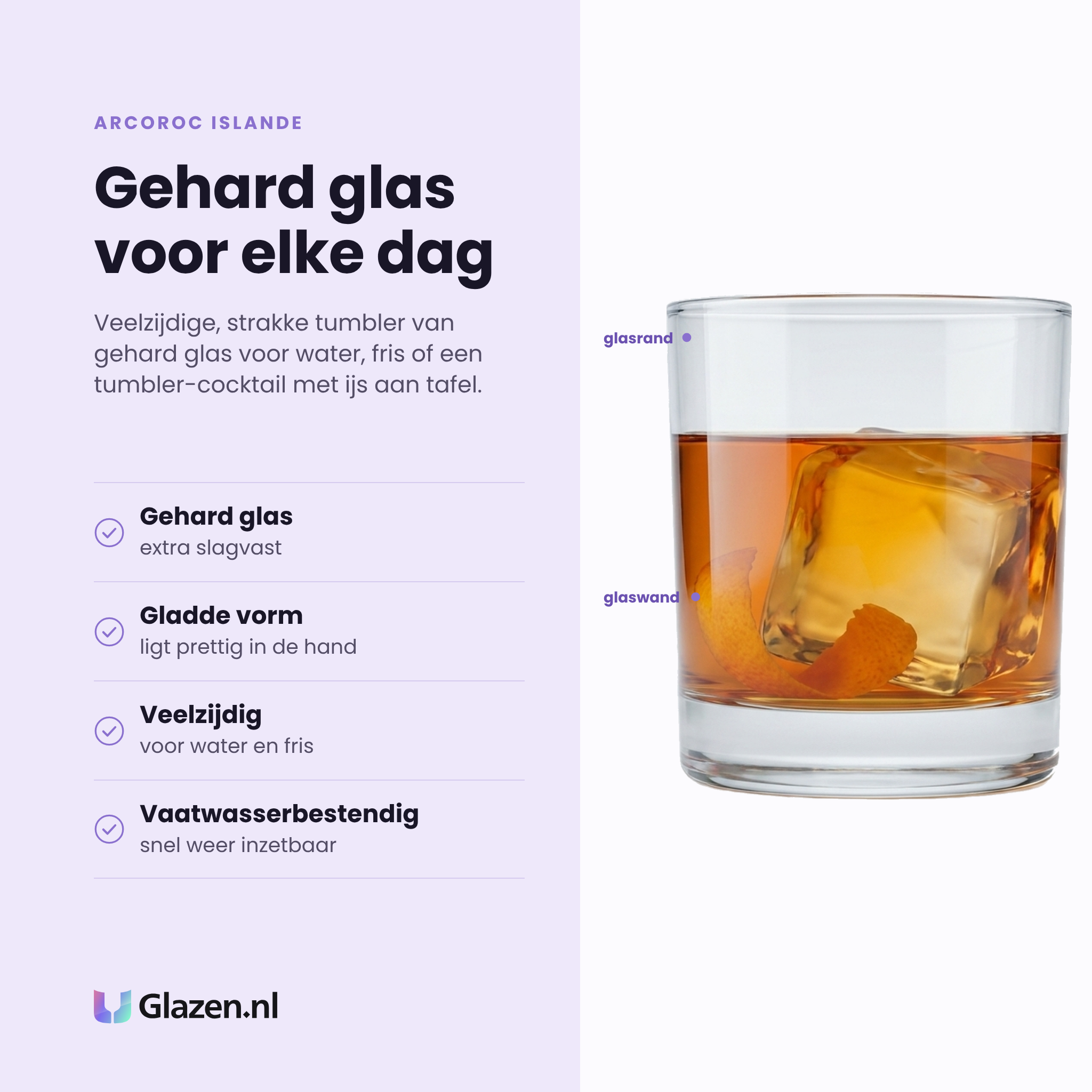 Arcoroc Islande tumbler 30 cl eigenschappen: gehard glas, gladde vorm, veelzijdig voor water en fris, vaatwasserbestendig