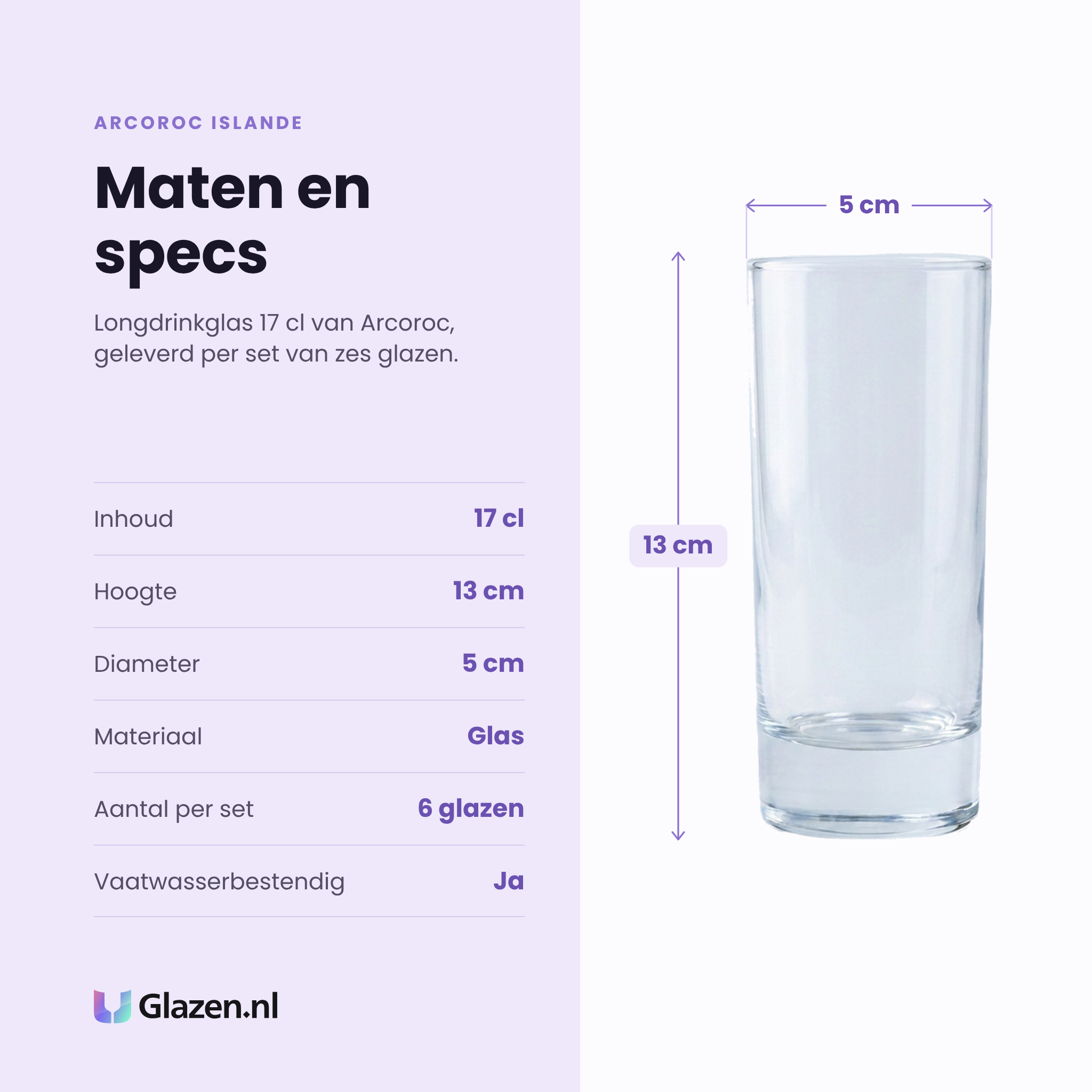 Arcoroc Islande longdrinkglas 17 cl specificaties: inhoud 17 cl, hoogte 13 cm, diameter 5 cm, glas, set van 6