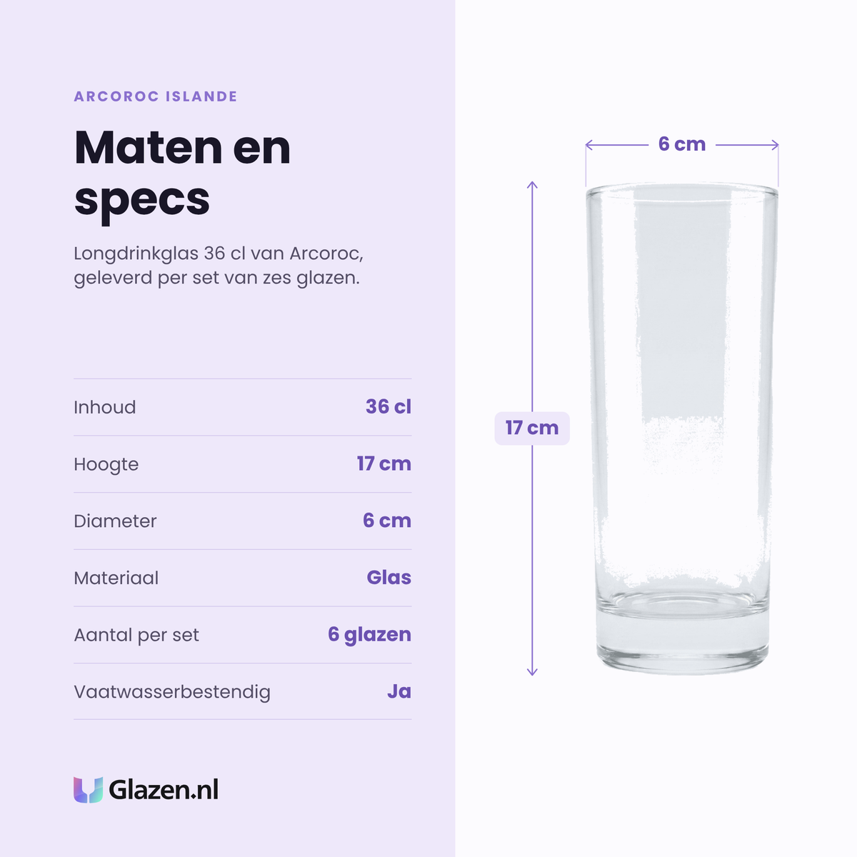 Arcoroc Islande longdrinkglas 36 cl specificaties: inhoud 36 cl, hoogte 17 cm, diameter 6 cm, glas, set van 6