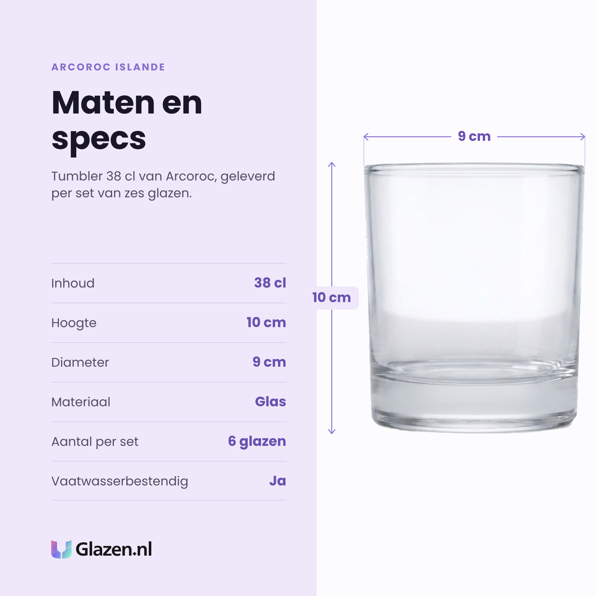 Arcoroc Islande tumbler 38 cl specificaties: inhoud 38 cl, hoogte 10 cm, diameter 9 cm, glas, set van 6