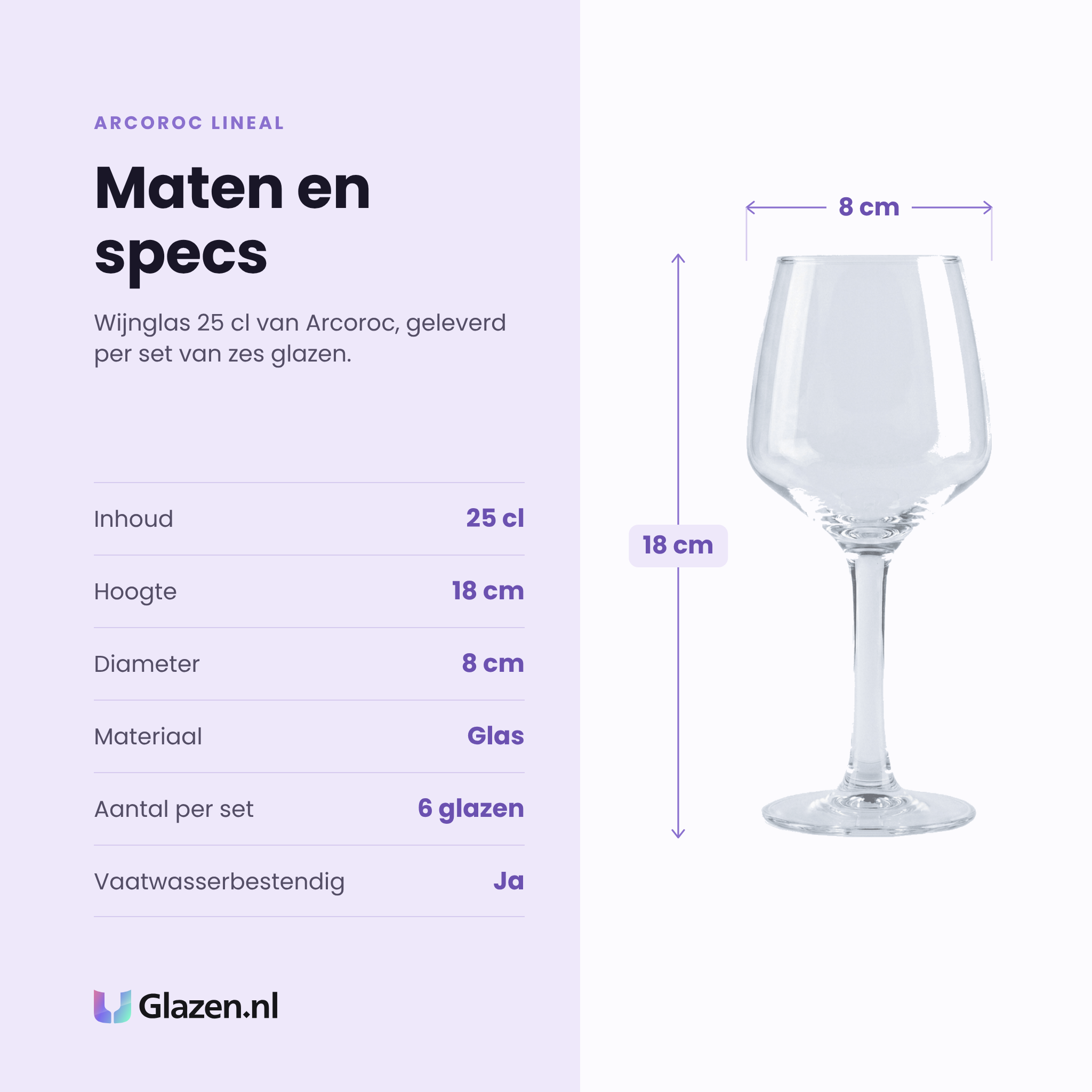 Arcoroc Lineal wijnglas 25 cl specificaties: inhoud 25 cl, hoogte 18 cm, diameter 8 cm, glas, set van 6