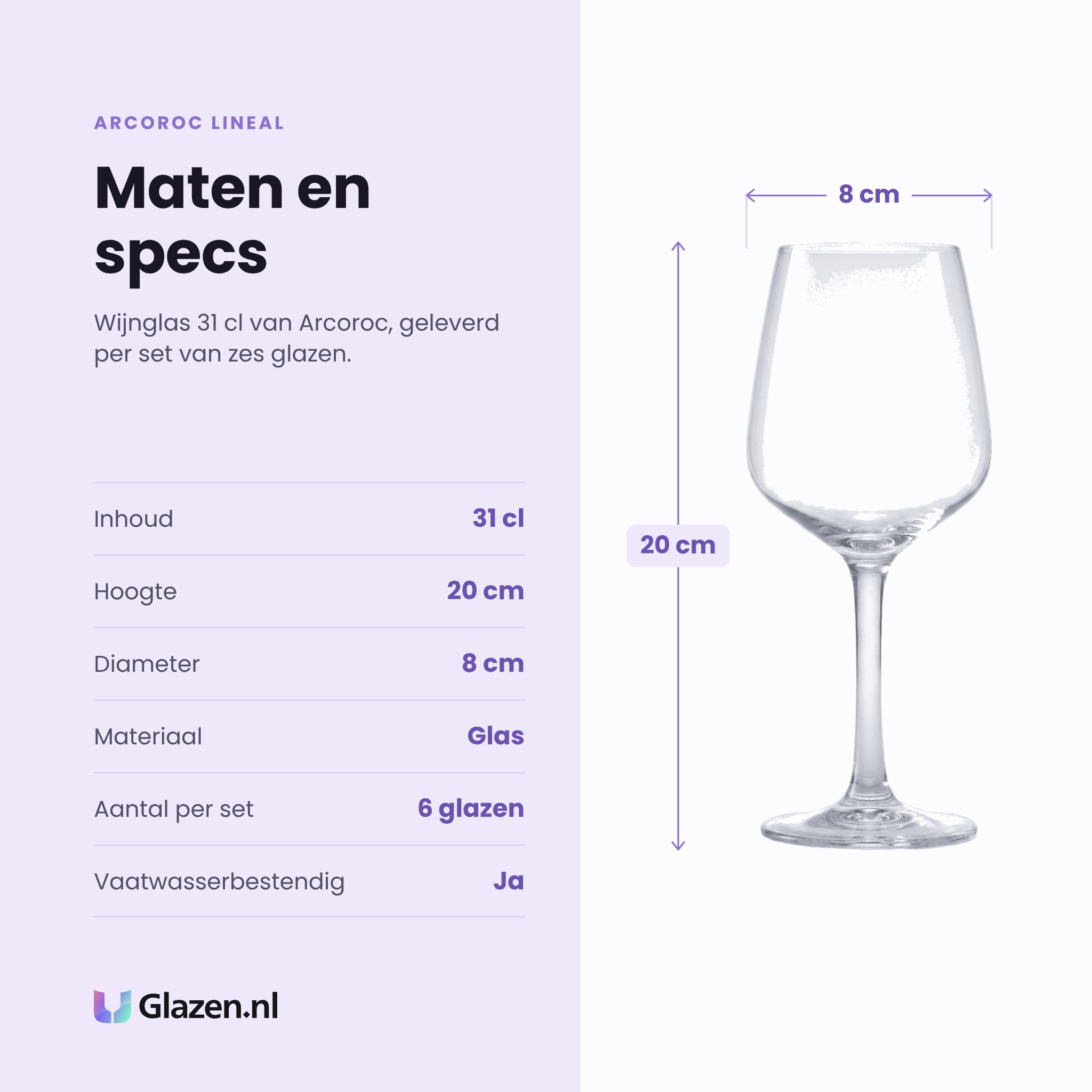 Arcoroc Lineal wijnglas 31 cl specificaties: inhoud 31 cl, hoogte 20 cm, diameter 8 cm, glas, set van 6