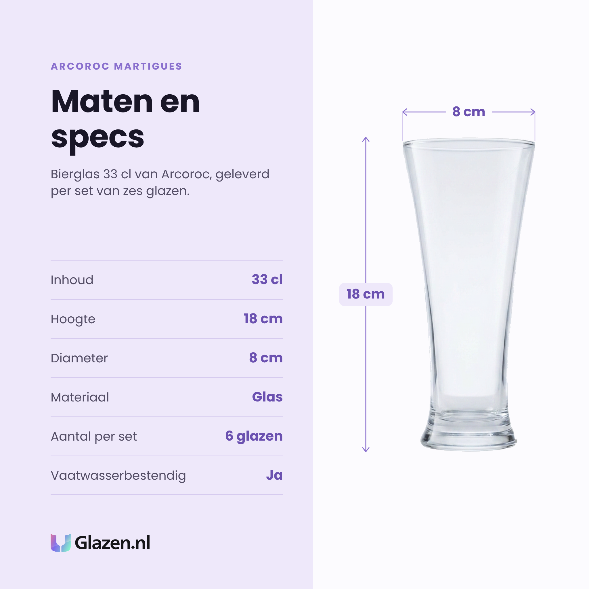 Arcoroc Martigues bierglas 33 cl specificaties: inhoud 33 cl, hoogte 18 cm, diameter 8 cm, glas, set van 6