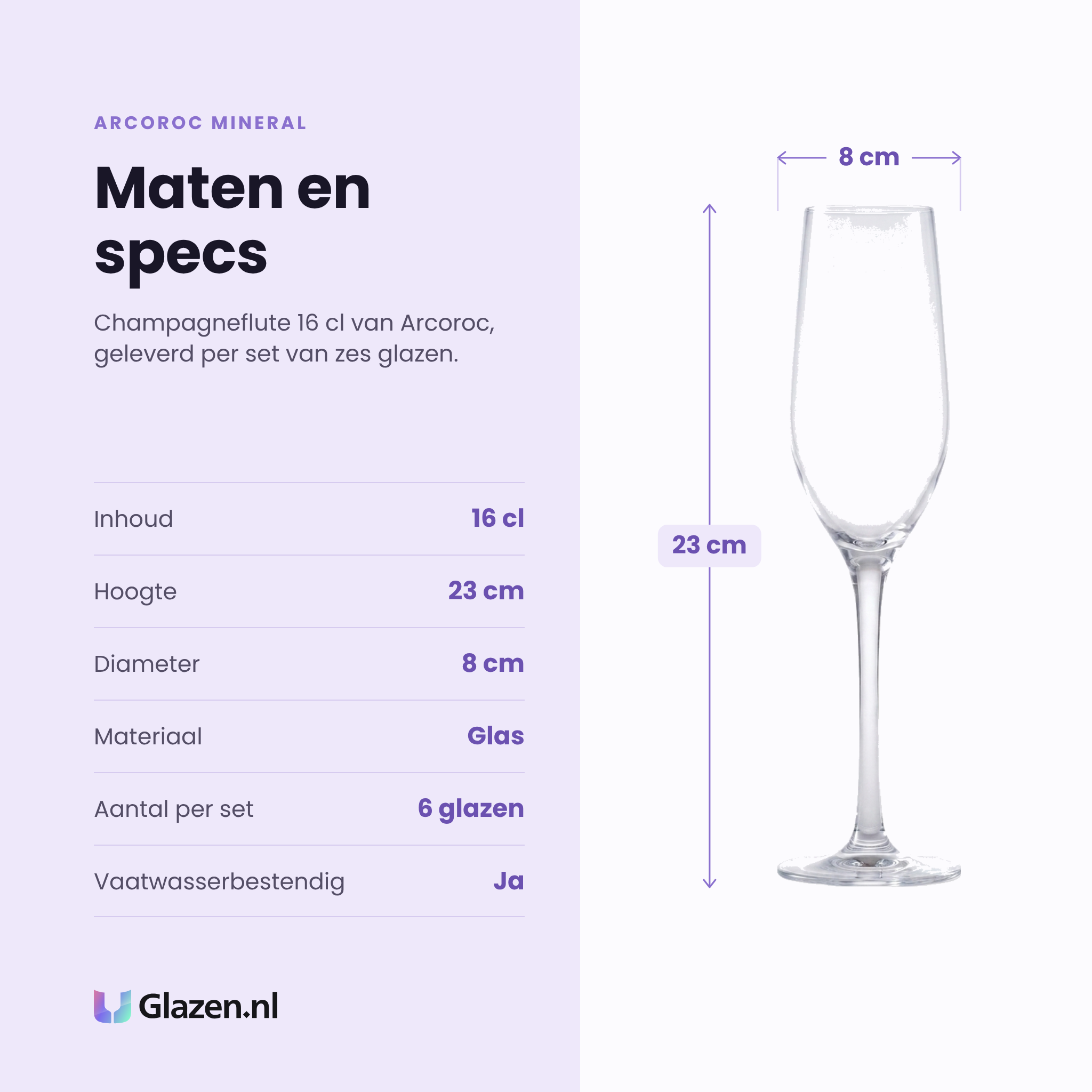 Arcoroc Mineral champagneflute 16 cl specificaties: inhoud 16 cl, hoogte 23 cm, diameter 8 cm, glas, set van 6