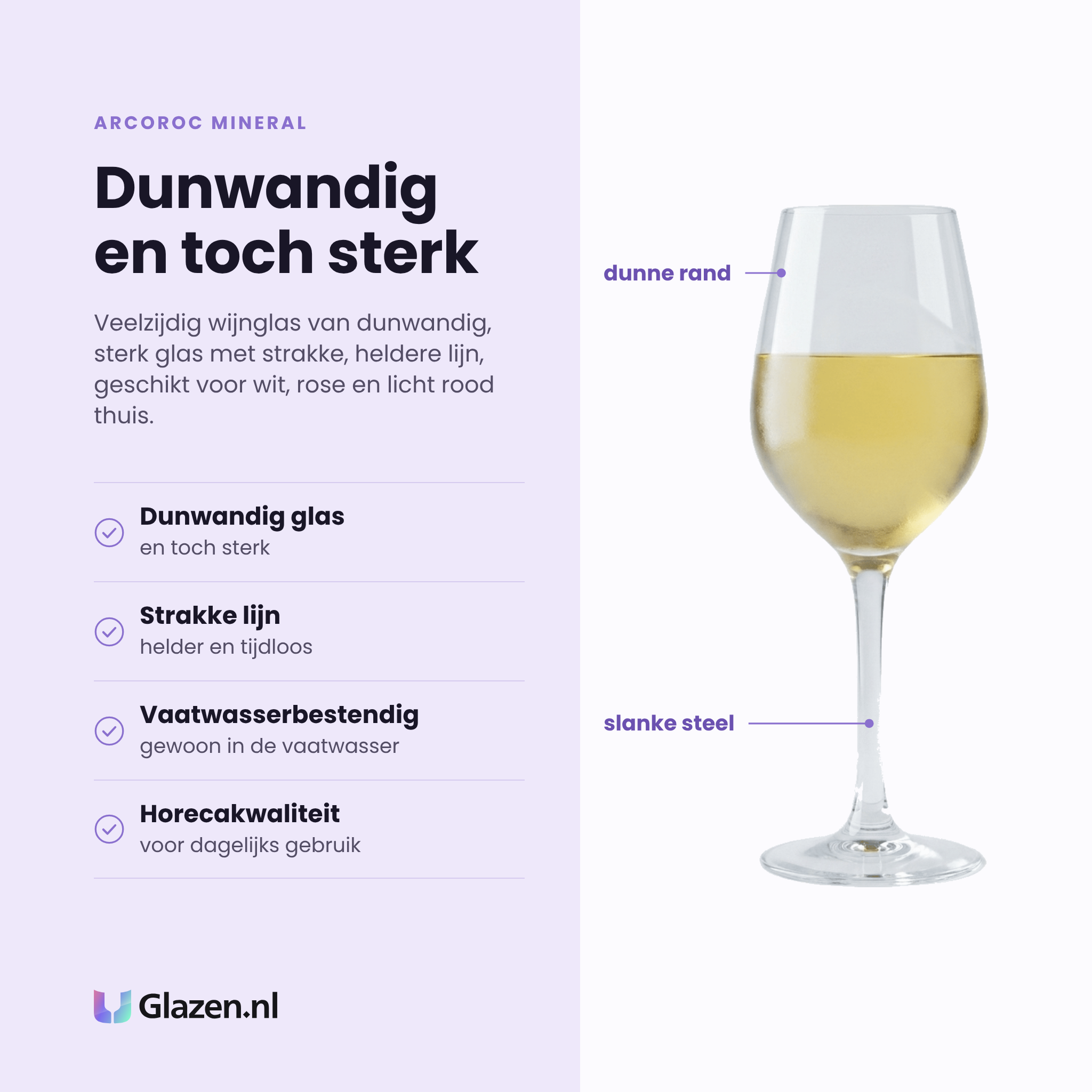 Arcoroc Mineral wijnglas 35 cl eigenschappen: dunwandig glas, strakke lijn, vaatwasserbestendig, horecakwaliteit
