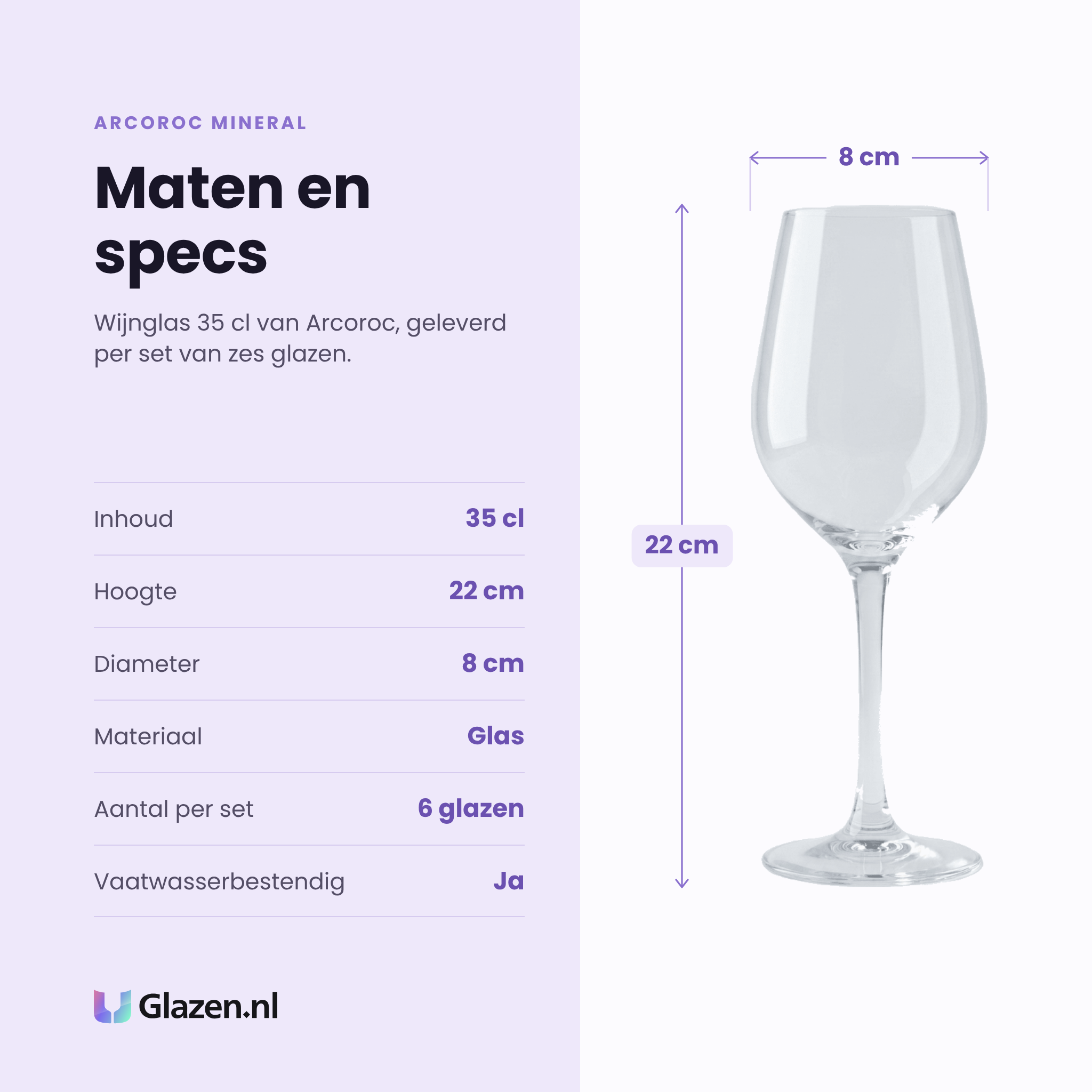 Arcoroc Mineral wijnglas 35 cl specificaties: inhoud 35 cl, hoogte 22 cm, diameter 8 cm, glas, set van 6