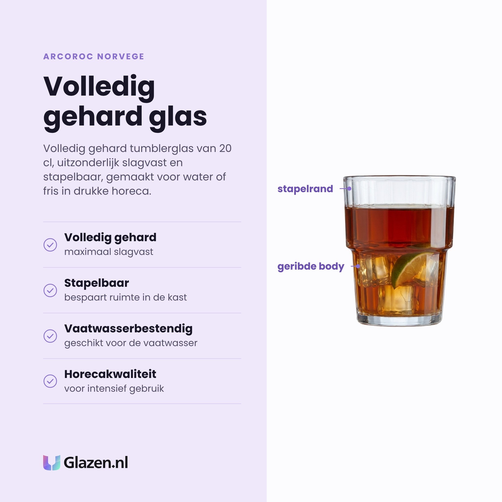 Arcoroc Norvege tumbler 20 cl eigenschappen: volledig gehard, stapelbaar, vaatwasserbestendig, horecakwaliteit