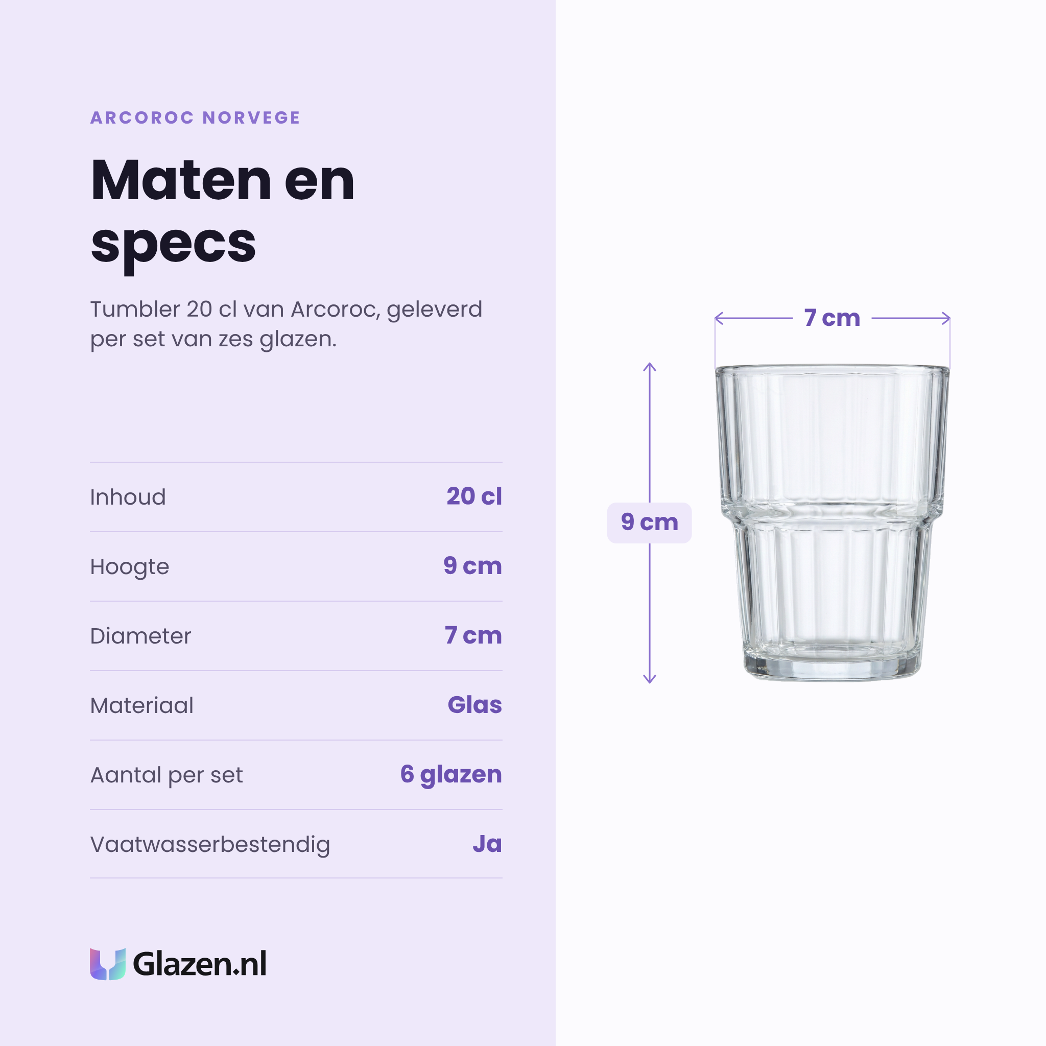 Arcoroc Norvege tumbler 20 cl specificaties: inhoud 20 cl, hoogte 9 cm, diameter 7 cm, glas, set van 6
